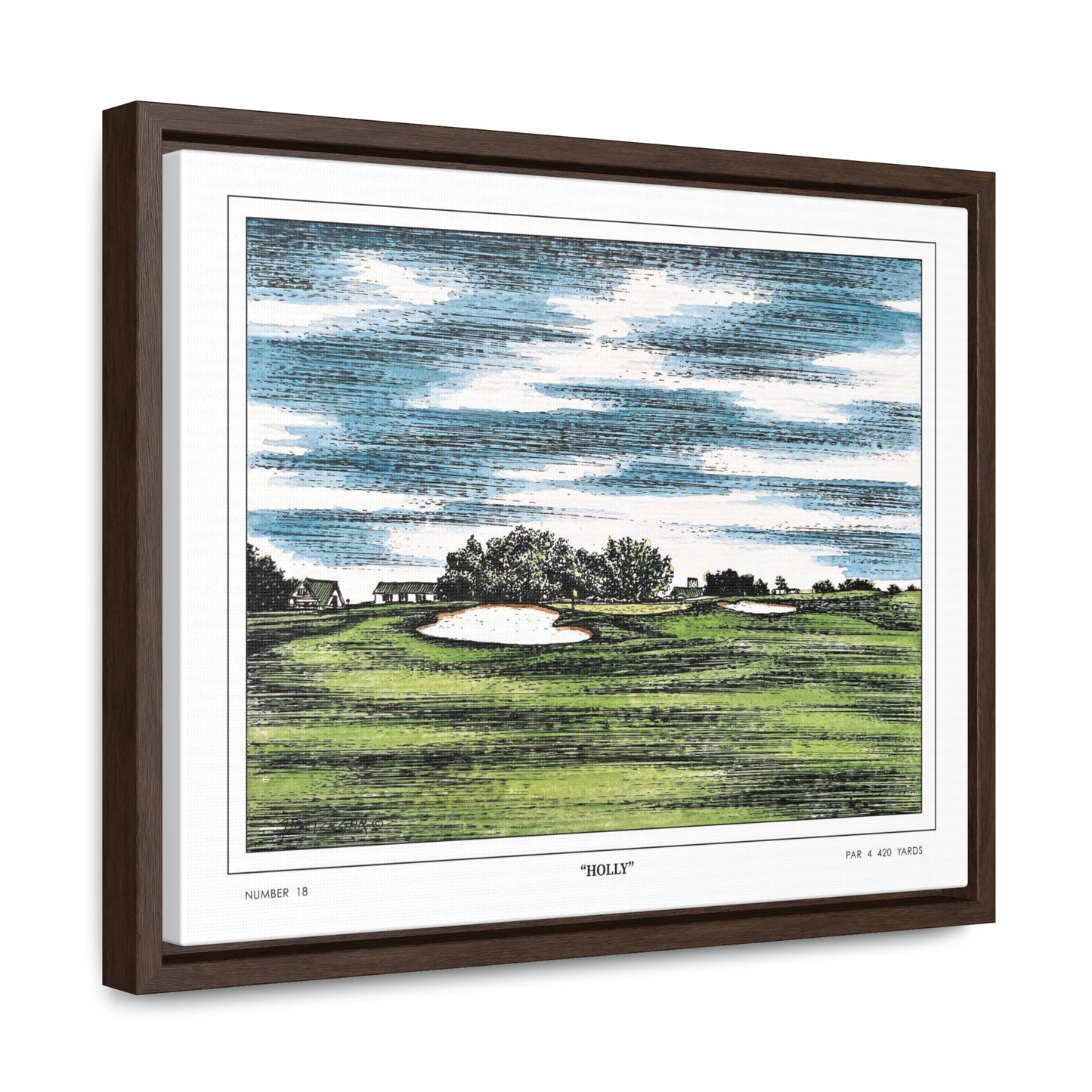 Holly Augusta National Hole 18 Watercolor Painting | Original Masters Golf Art for Wall | Framed Horizontal Stretched Canvas Print