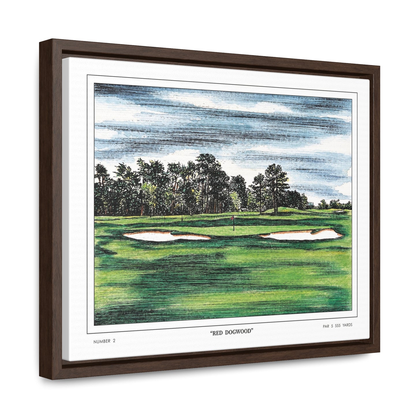 Pink Dogwood Augusta National Hole 2 Watercolor Painting | Original Masters Golf Art for Wall | Framed Horizontal Stretched Canvas Print