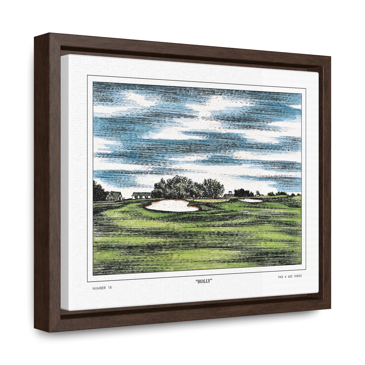 Holly Augusta National Hole 18 Watercolor Painting | Original Masters Golf Art for Wall | Framed Horizontal Stretched Canvas Print