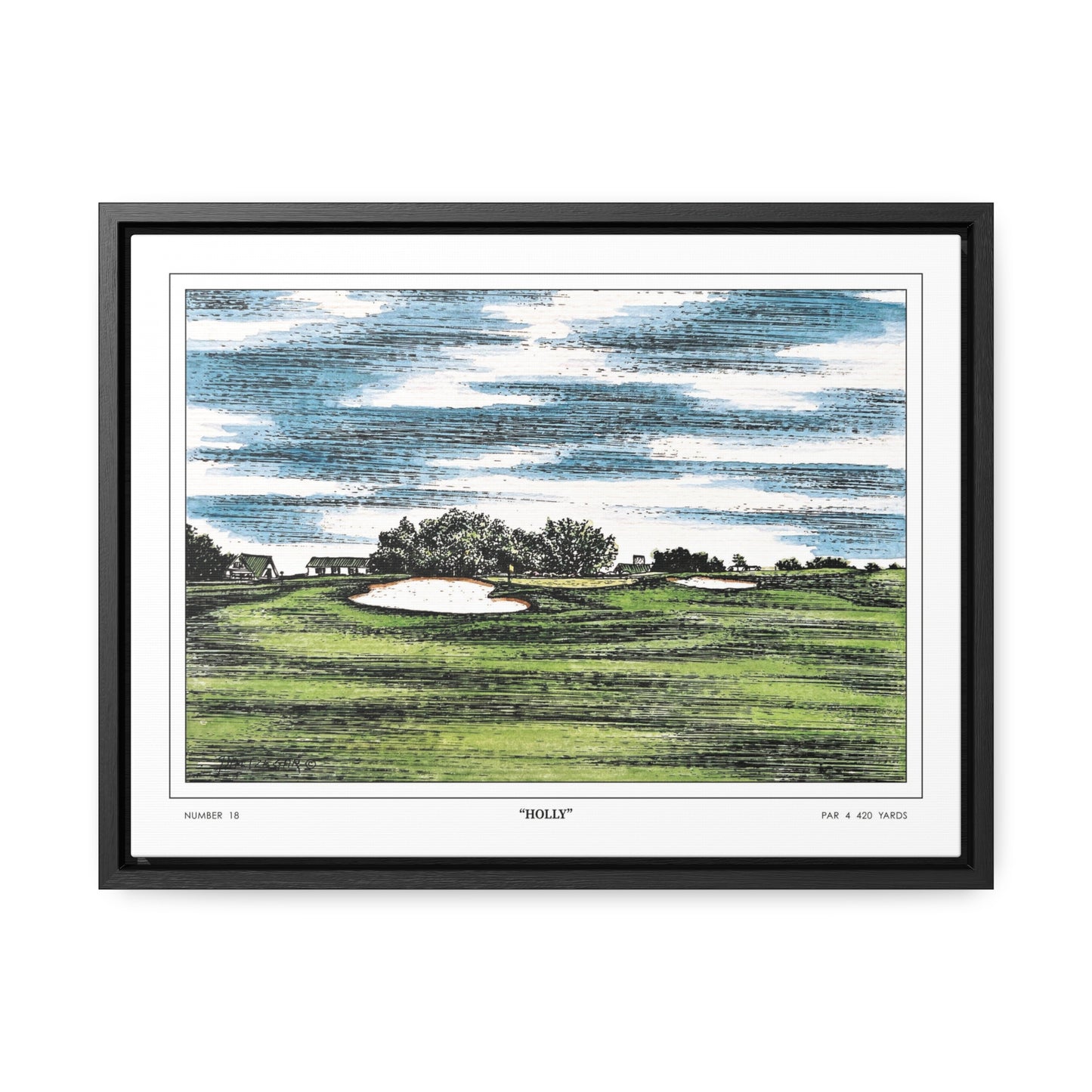 Holly Augusta National Hole 18 Watercolor Painting | Original Masters Golf Art for Wall | Framed Horizontal Stretched Canvas Print