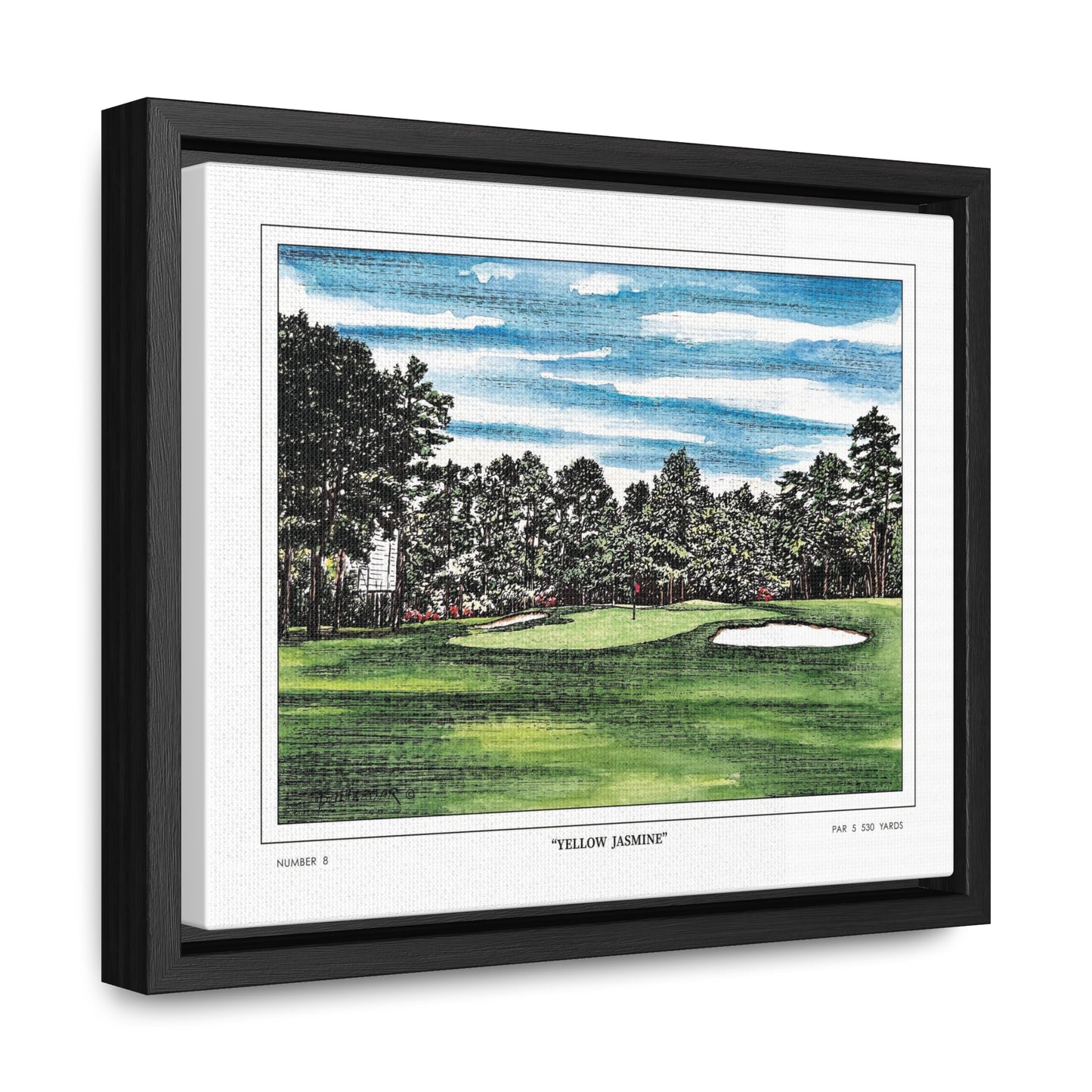 Yellow Jasmine Augusta National Hole 8 Watercolor Painting | Original Masters Golf Art for Wall | Framed Horizontal Stretched Canvas Print