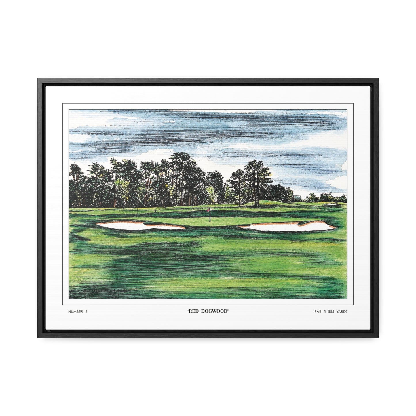 Pink Dogwood Augusta National Hole 2 Watercolor Painting | Original Masters Golf Art for Wall | Framed Horizontal Stretched Canvas Print