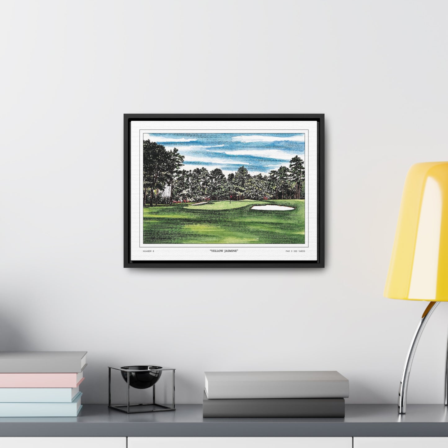 Yellow Jasmine Augusta National Hole 8 Watercolor Painting | Original Masters Golf Art for Wall | Framed Horizontal Stretched Canvas Print