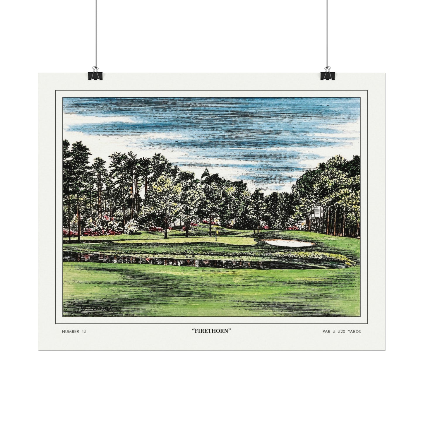 Hole 15 "Firethorn" at Augusta National in 1968 | Vintage Masters Wall Art | Horizontal Decor | Golf Course Poster | Watercolor Print