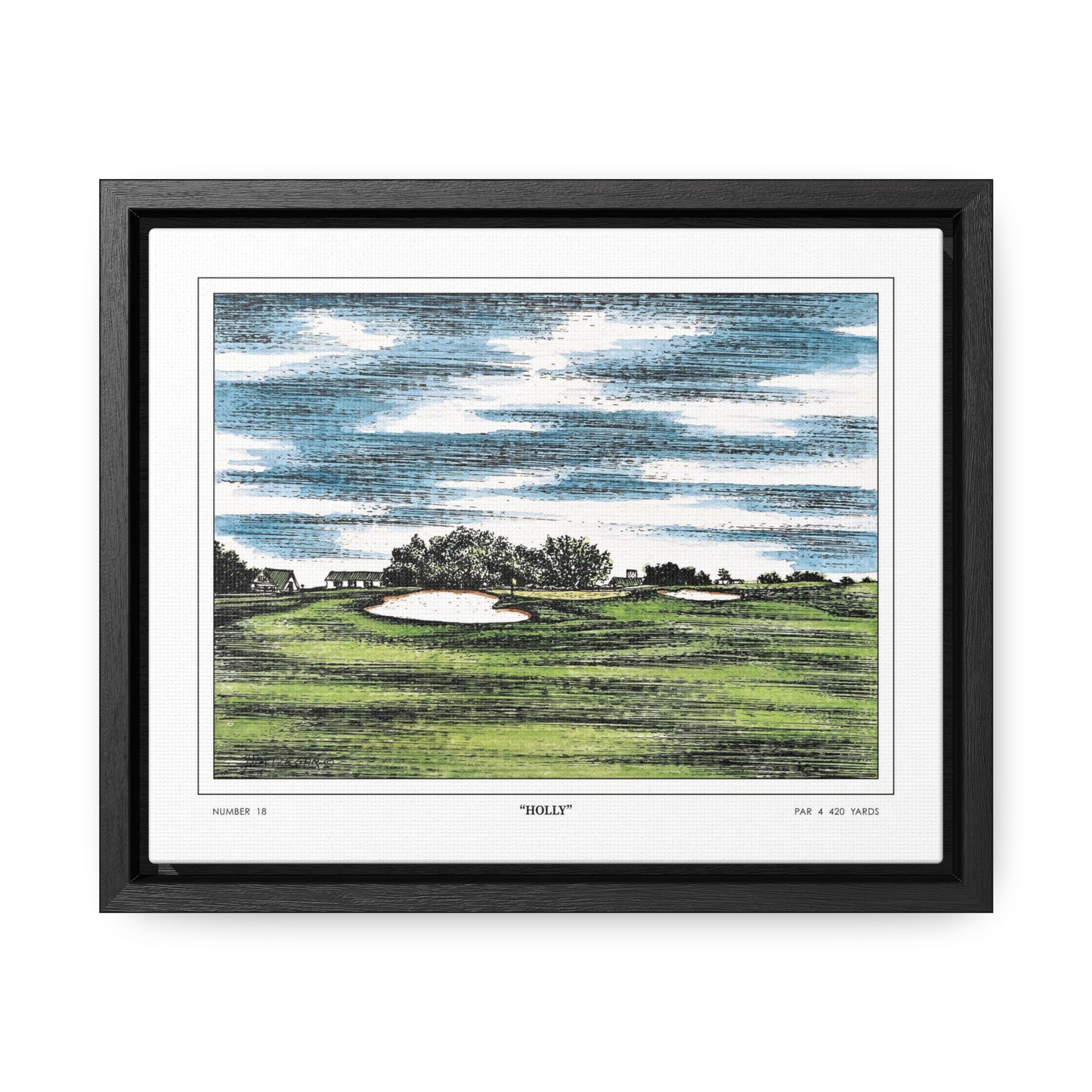 Holly Augusta National Hole 18 Watercolor Painting | Original Masters Golf Art for Wall | Framed Horizontal Stretched Canvas Print