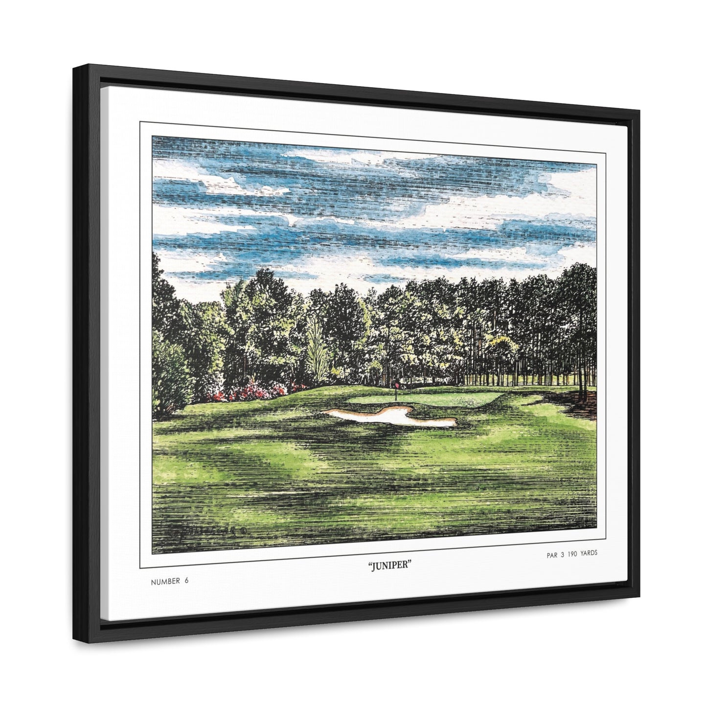 Juniper Augusta National Hole 6 Watercolor Painting | Original Masters Golf Art for Wall | Framed Horizontal Stretched Canvas Print