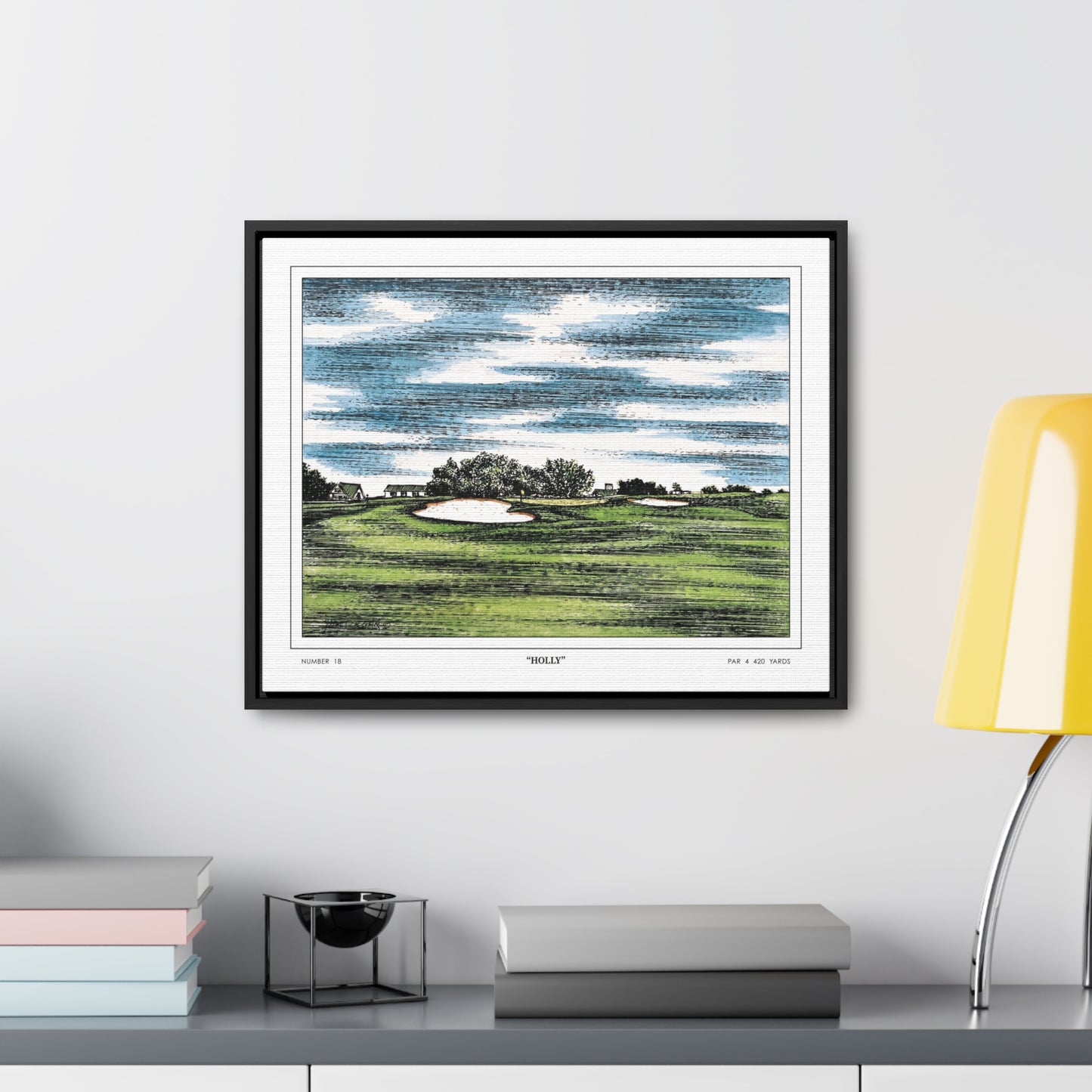 Holly Augusta National Hole 18 Watercolor Painting | Original Masters Golf Art for Wall | Framed Horizontal Stretched Canvas Print