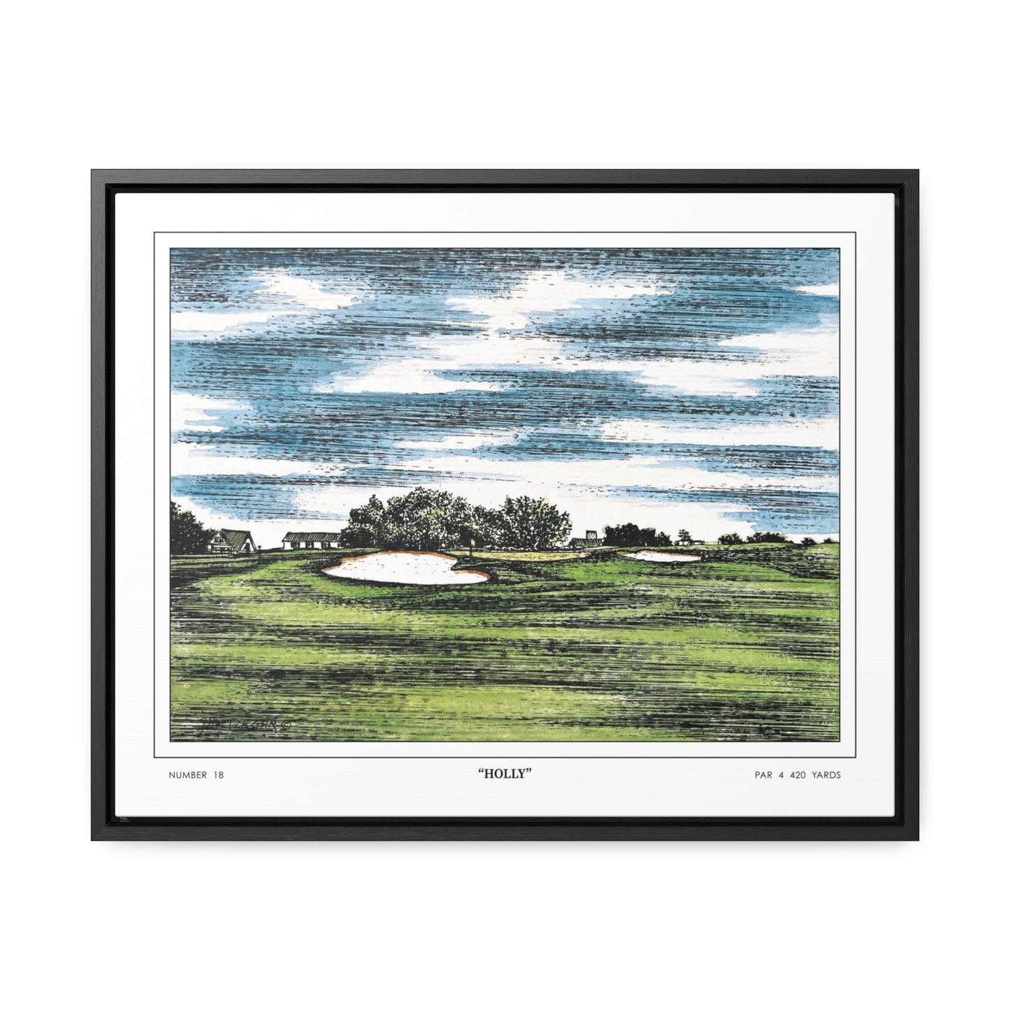 Holly Augusta National Hole 18 Watercolor Painting | Original Masters Golf Art for Wall | Framed Horizontal Stretched Canvas Print