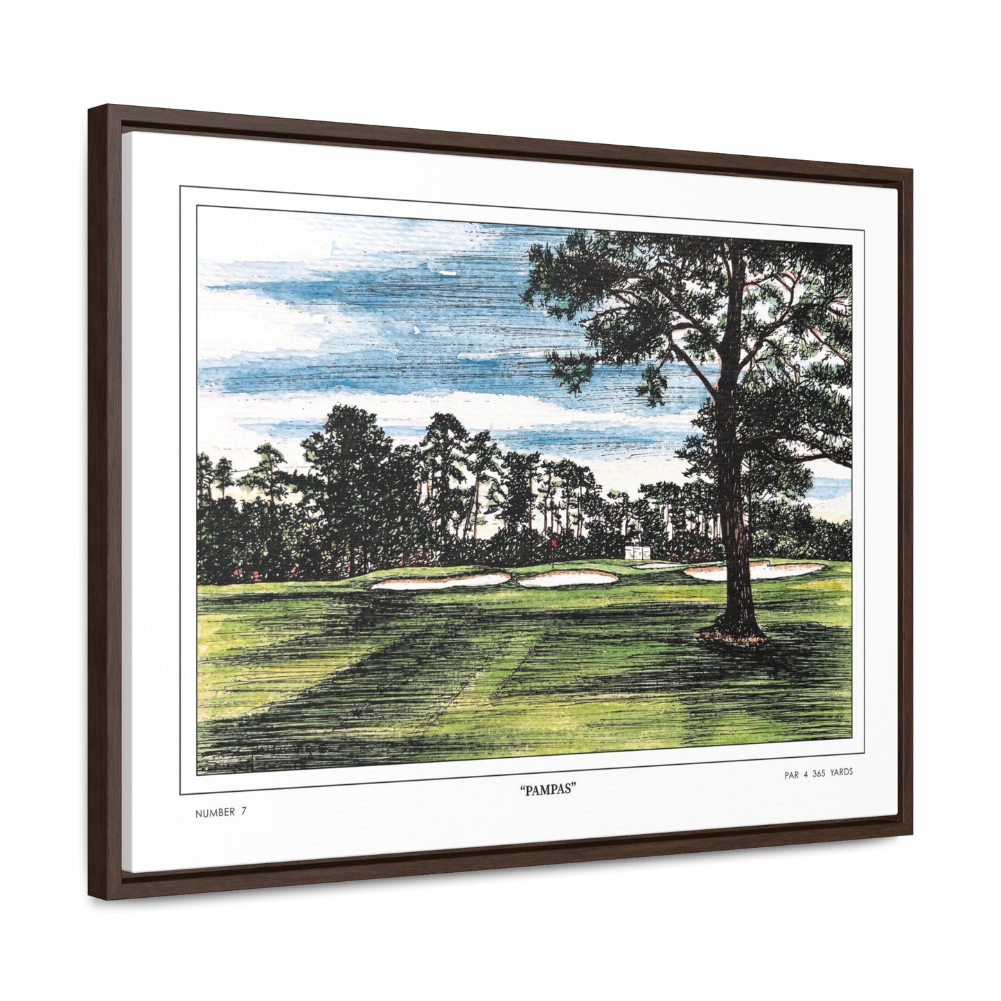 Pampas Augusta National Hole 7 Watercolor Painting | Original Masters Golf Art for Wall | Framed Horizontal Stretched Canvas Print