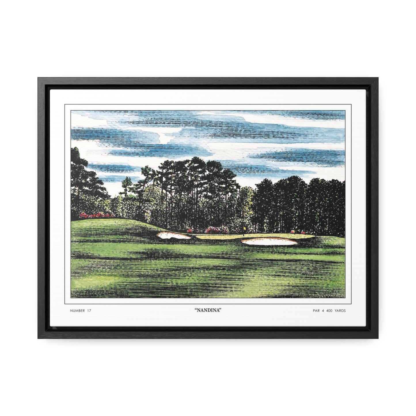 Nandina Augusta National Hole 17 Watercolor Painting | Original Masters Golf Art for Wall | Framed Horizontal Stretched Canvas Print