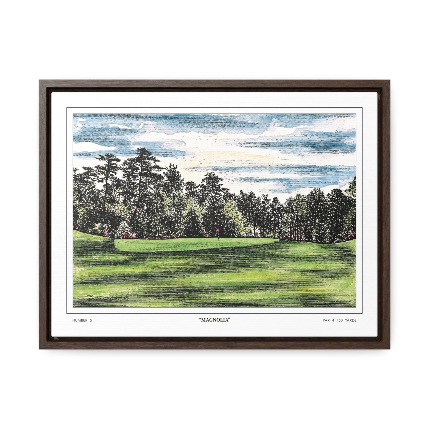 Magnolia Augusta National Hole 5 Watercolor Painting | Original Masters Golf Art for Wall | Framed Horizontal Stretched Canvas Print