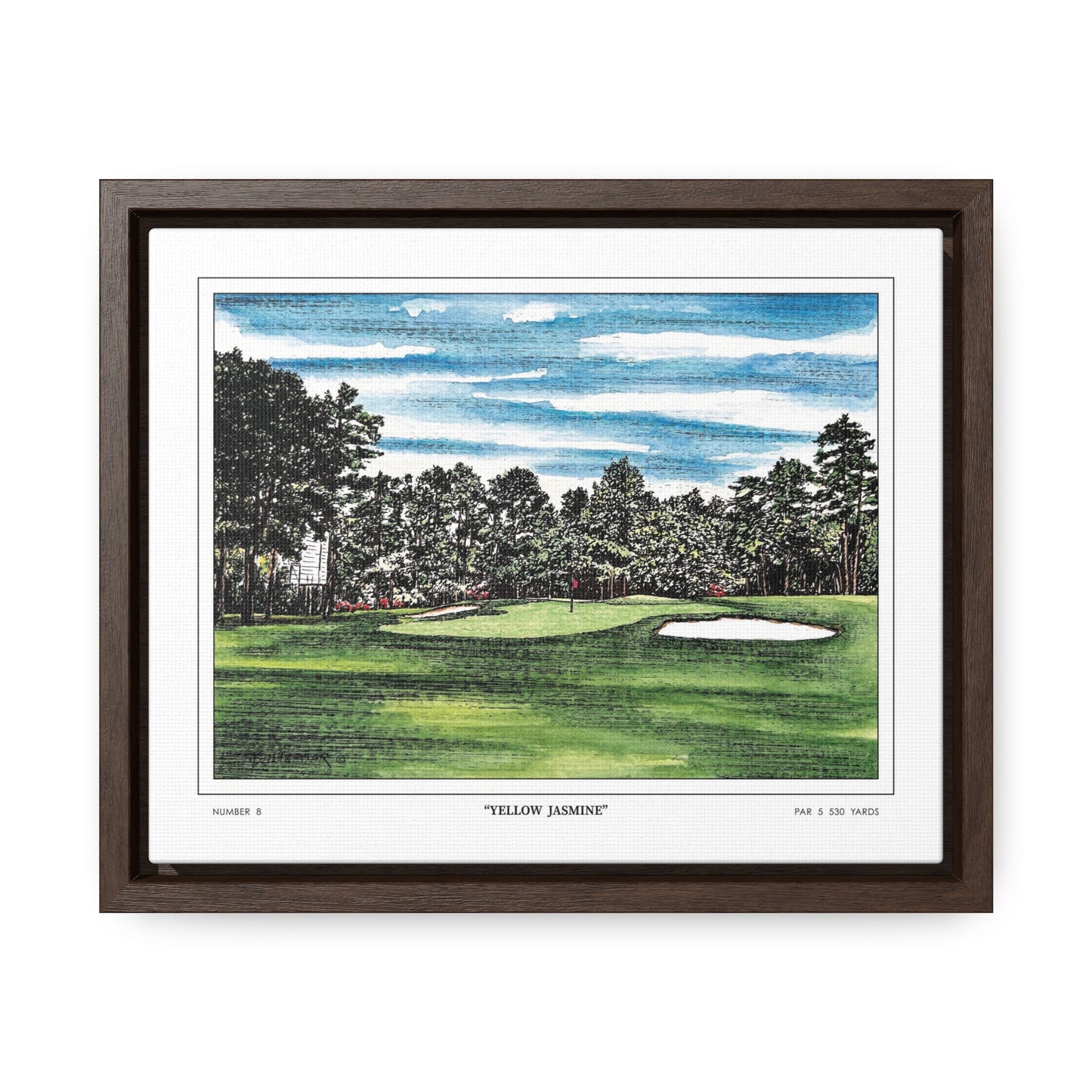 Yellow Jasmine Augusta National Hole 8 Watercolor Painting | Original Masters Golf Art for Wall | Framed Horizontal Stretched Canvas Print