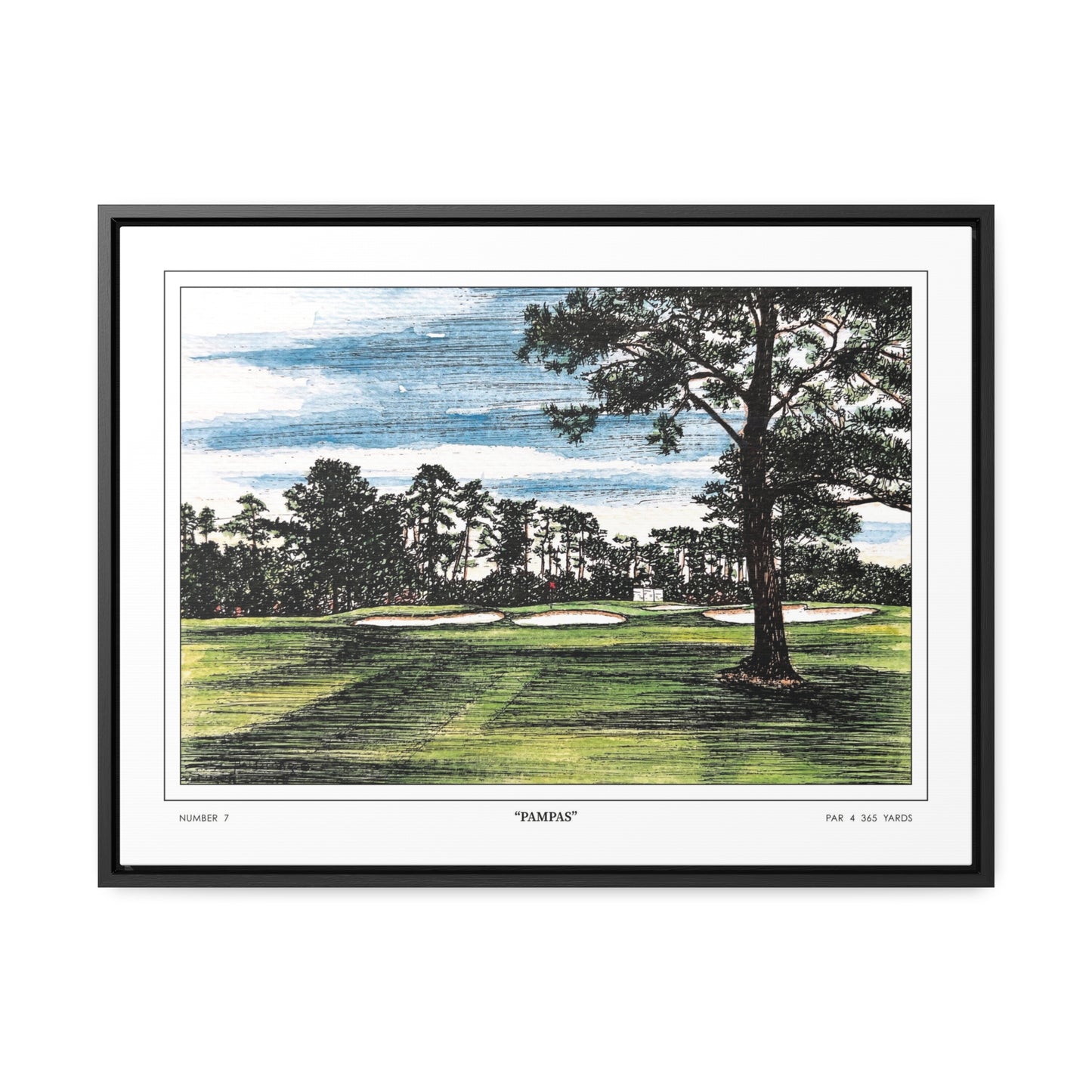 Pampas Augusta National Hole 7 Watercolor Painting | Original Masters Golf Art for Wall | Framed Horizontal Stretched Canvas Print