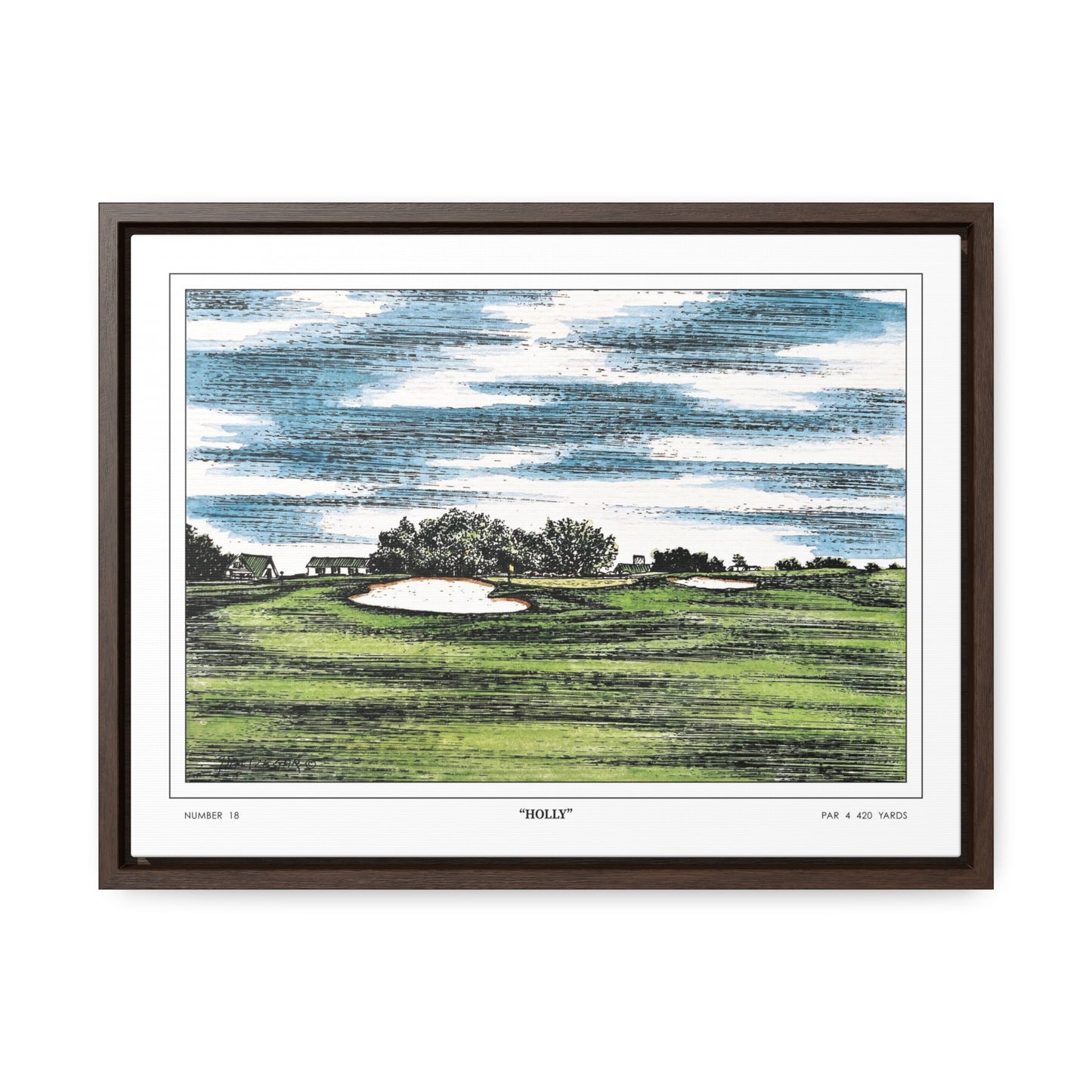 Holly Augusta National Hole 18 Watercolor Painting | Original Masters Golf Art for Wall | Framed Horizontal Stretched Canvas Print