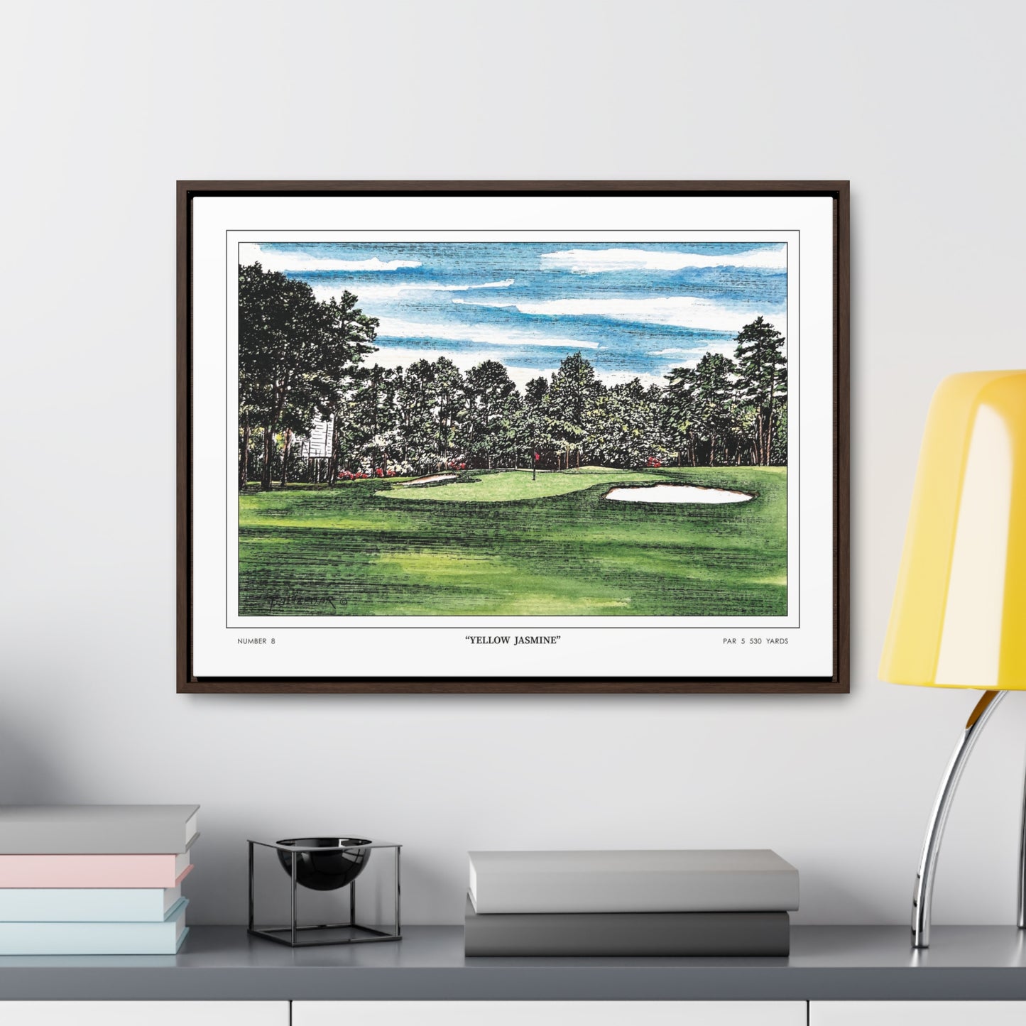 Yellow Jasmine Augusta National Hole 8 Watercolor Painting | Original Masters Golf Art for Wall | Framed Horizontal Stretched Canvas Print