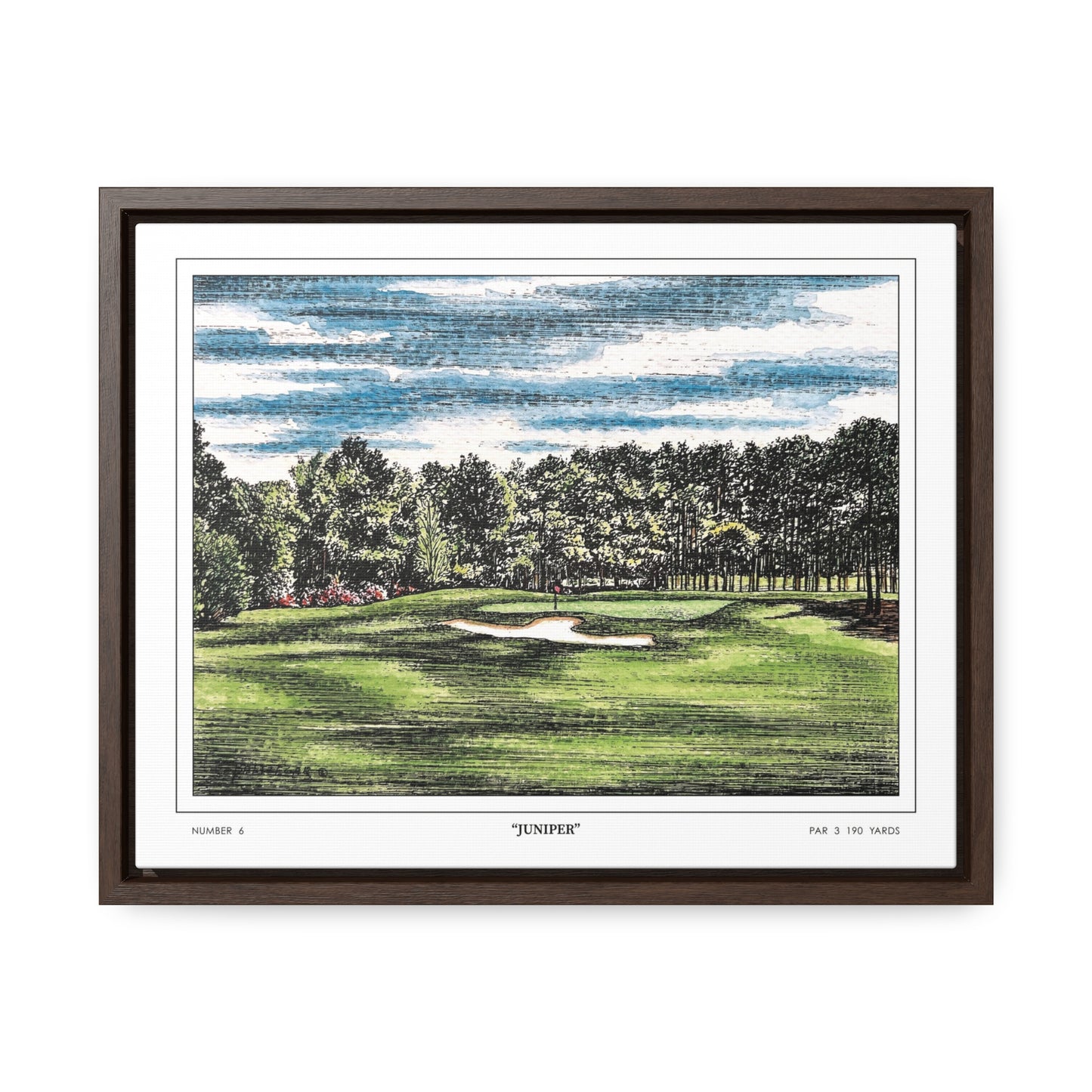 Juniper Augusta National Hole 6 Watercolor Painting | Original Masters Golf Art for Wall | Framed Horizontal Stretched Canvas Print