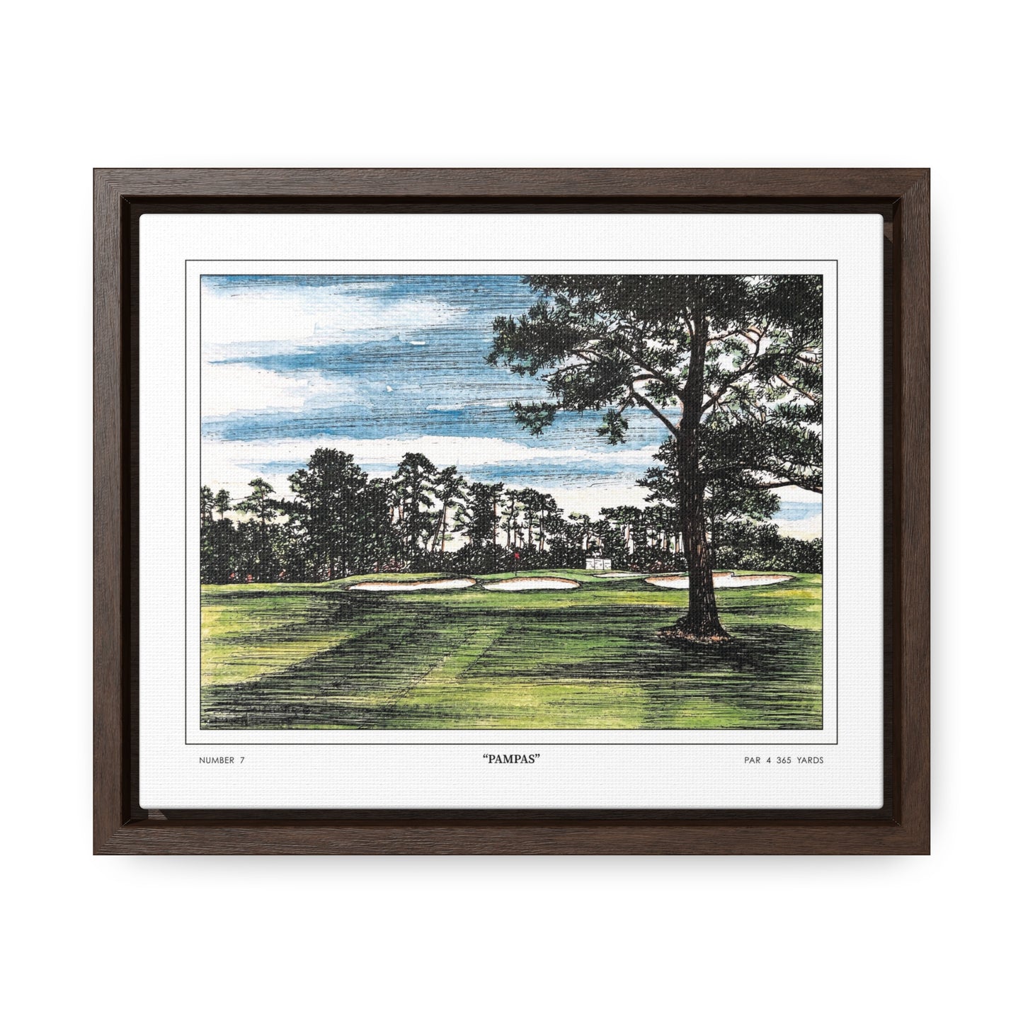 Pampas Augusta National Hole 7 Watercolor Painting | Original Masters Golf Art for Wall | Framed Horizontal Stretched Canvas Print