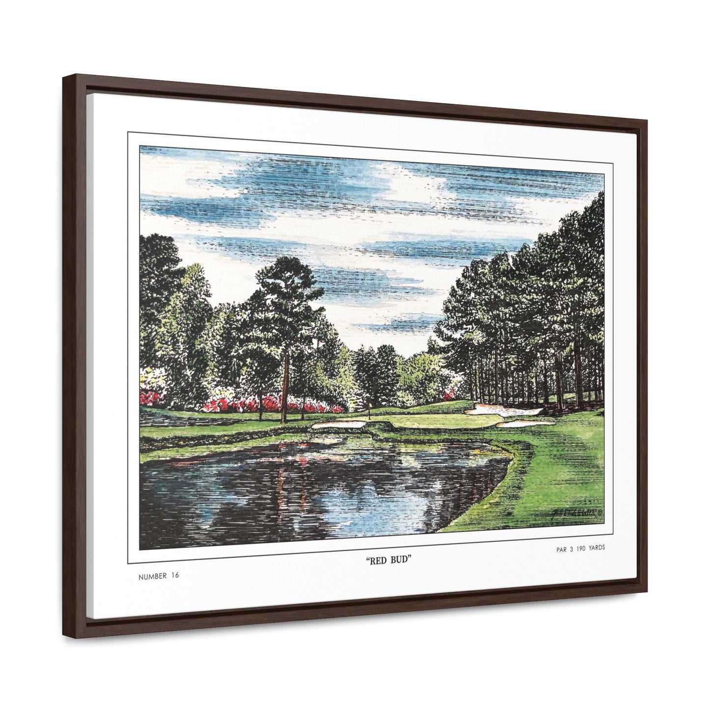 Redbud Augusta National Hole 16 Watercolor Painting | Original Masters Golf Art for Wall | Framed Horizontal Stretched Canvas Print