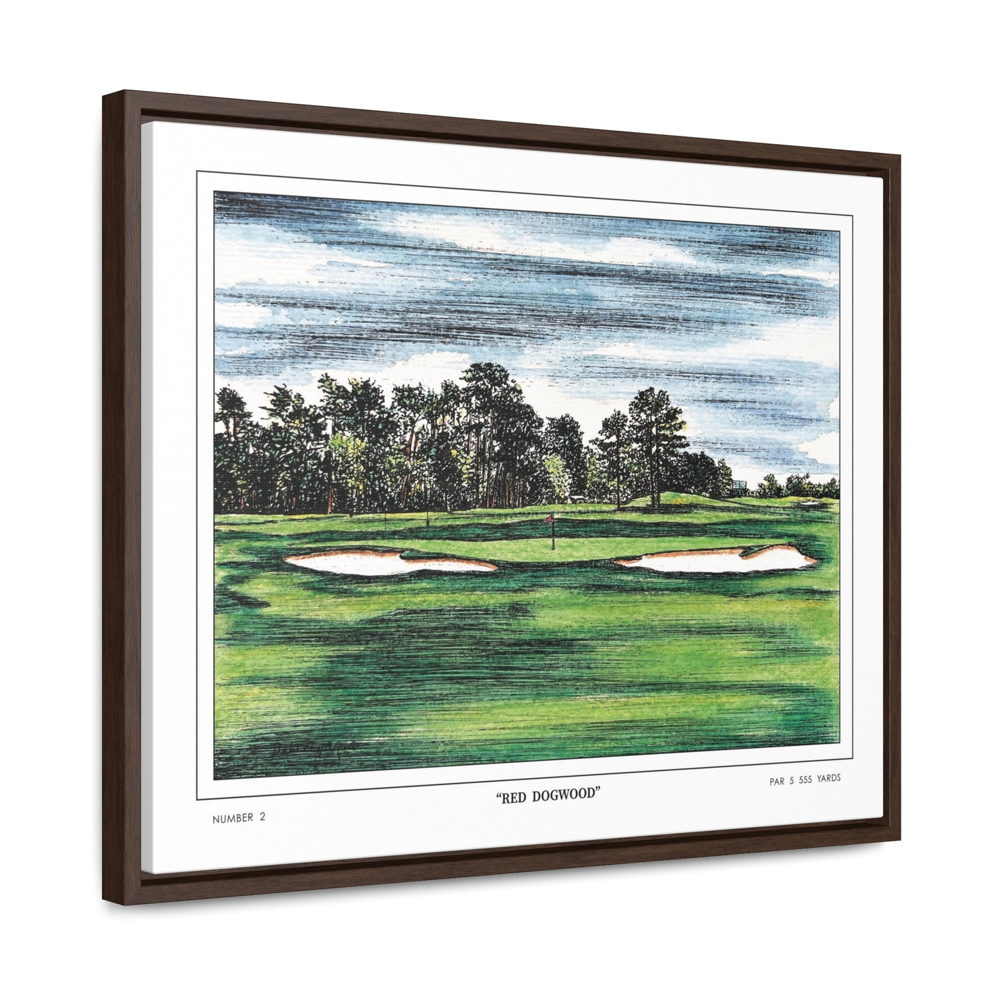 Pink Dogwood Augusta National Hole 2 Watercolor Painting | Original Masters Golf Art for Wall | Framed Horizontal Stretched Canvas Print