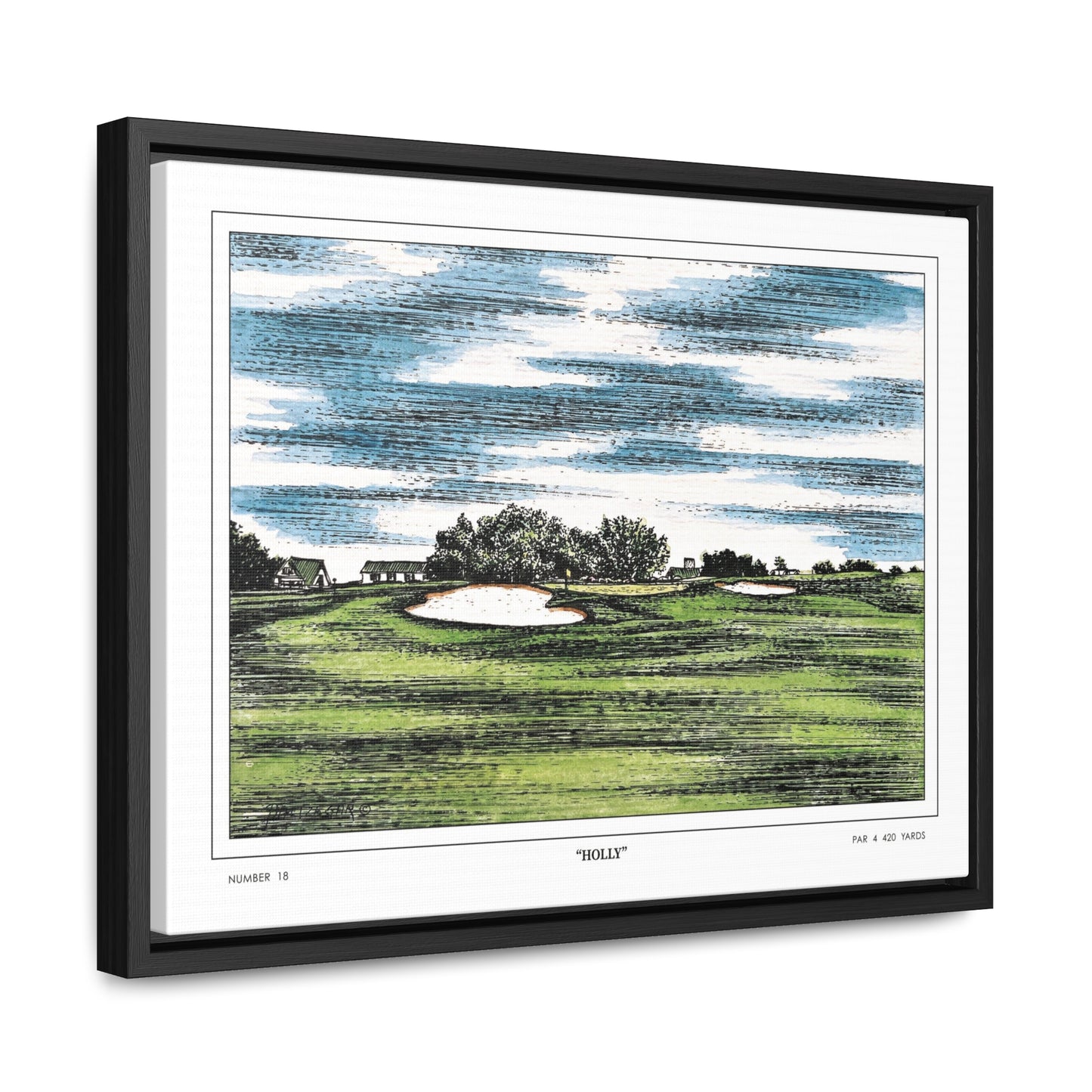 Holly Augusta National Hole 18 Watercolor Painting | Original Masters Golf Art for Wall | Framed Horizontal Stretched Canvas Print