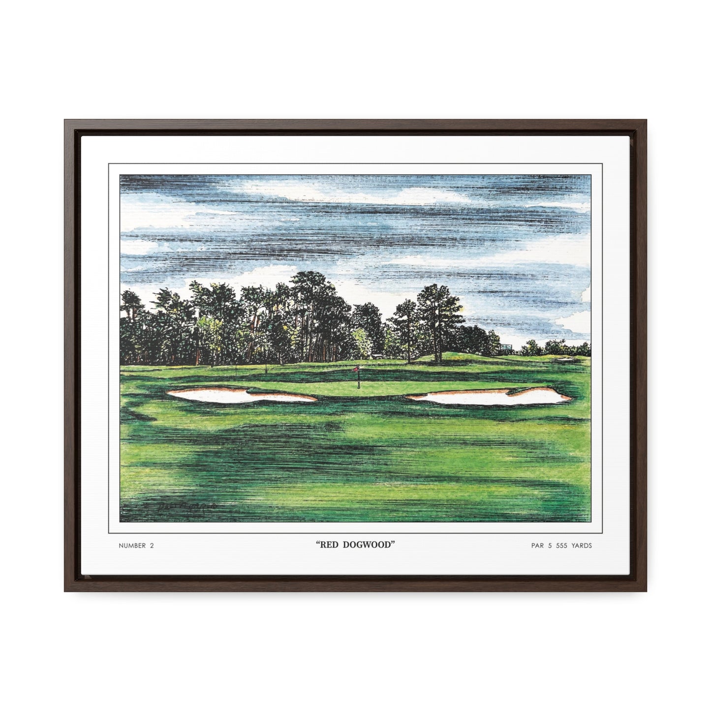 Pink Dogwood Augusta National Hole 2 Watercolor Painting | Original Masters Golf Art for Wall | Framed Horizontal Stretched Canvas Print