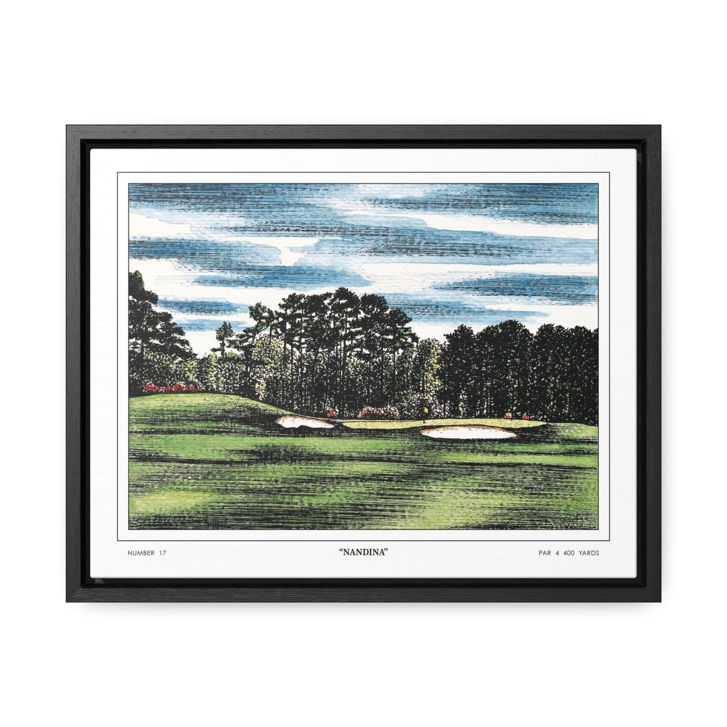 Nandina Augusta National Hole 17 Watercolor Painting | Original Masters Golf Art for Wall | Framed Horizontal Stretched Canvas Print