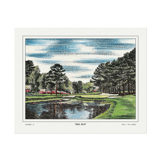 Hole 16 "Redbud" at Augusta National in 1968 | Vintage Masters Wall Art | Horizontal Decor | Golf Course Poster | Watercolor Print