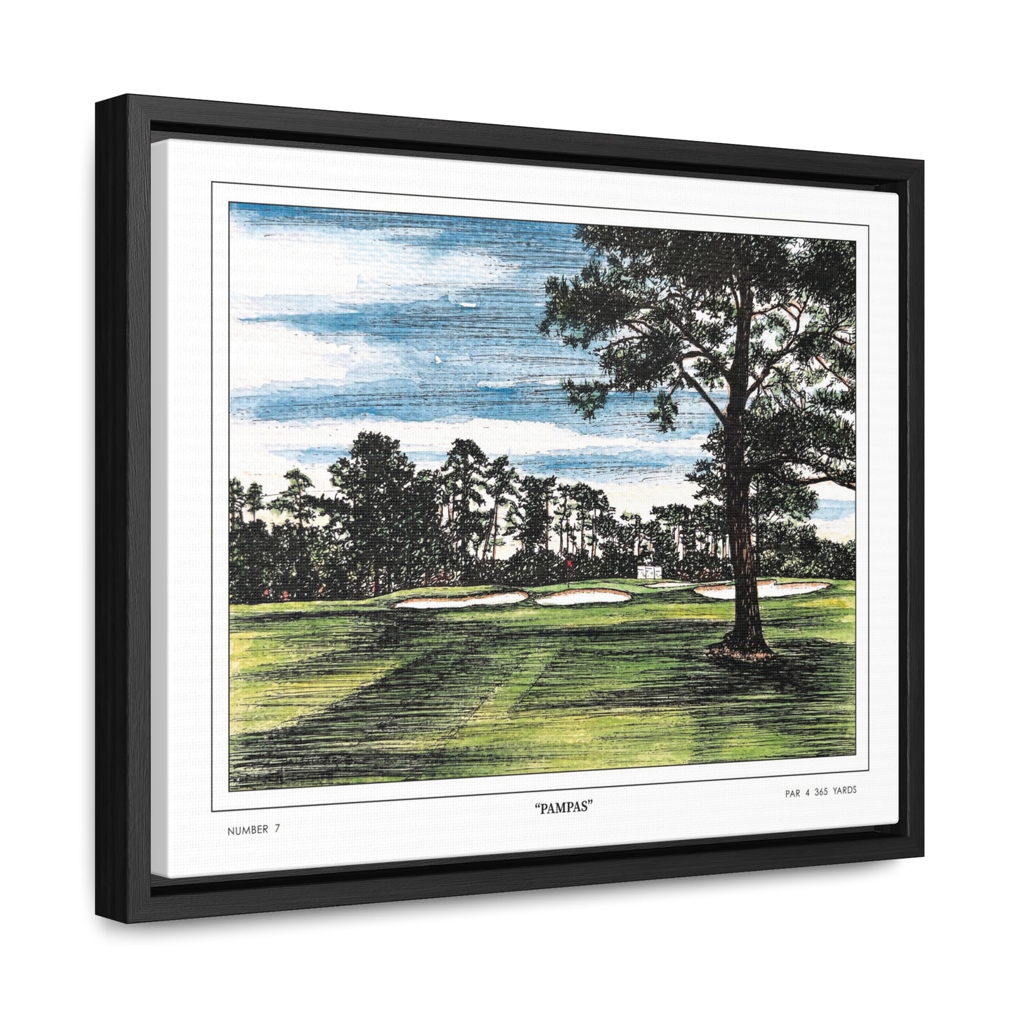 Pampas Augusta National Hole 7 Watercolor Painting | Original Masters Golf Art for Wall | Framed Horizontal Stretched Canvas Print