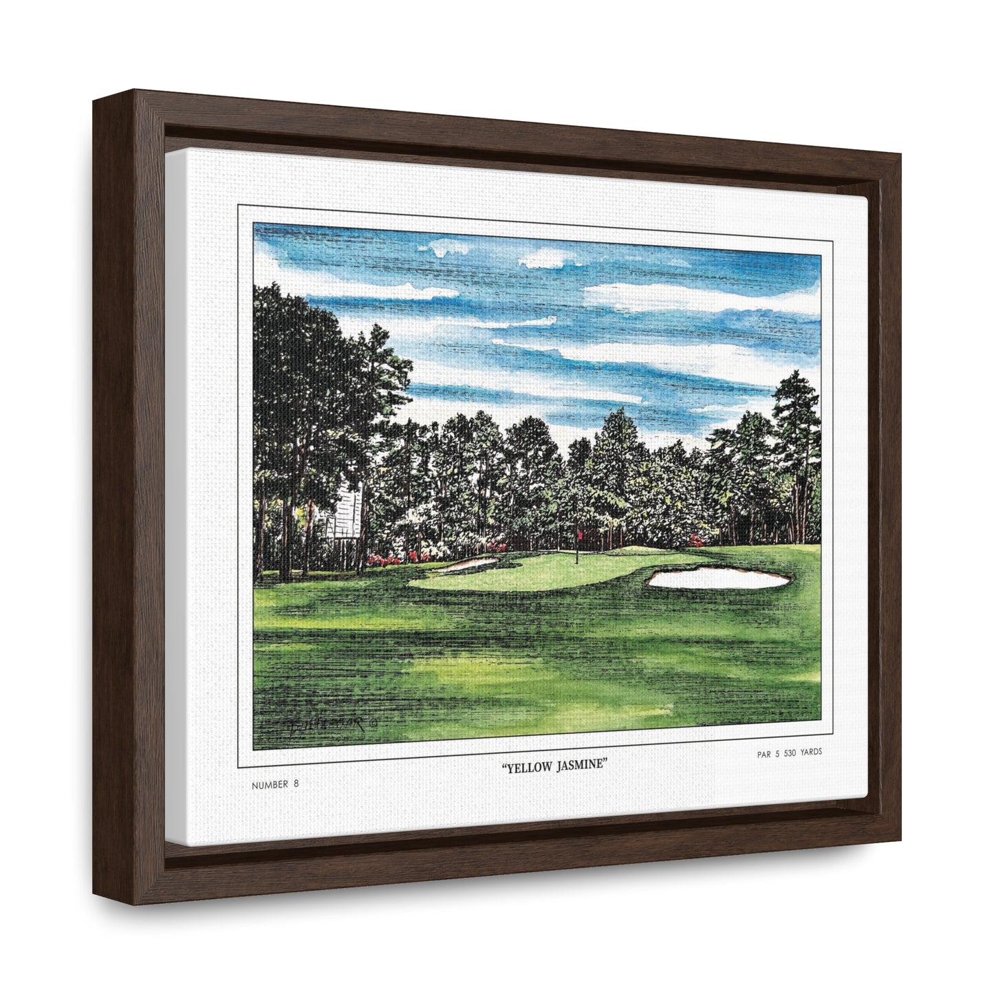 Yellow Jasmine Augusta National Hole 8 Watercolor Painting | Original Masters Golf Art for Wall | Framed Horizontal Stretched Canvas Print