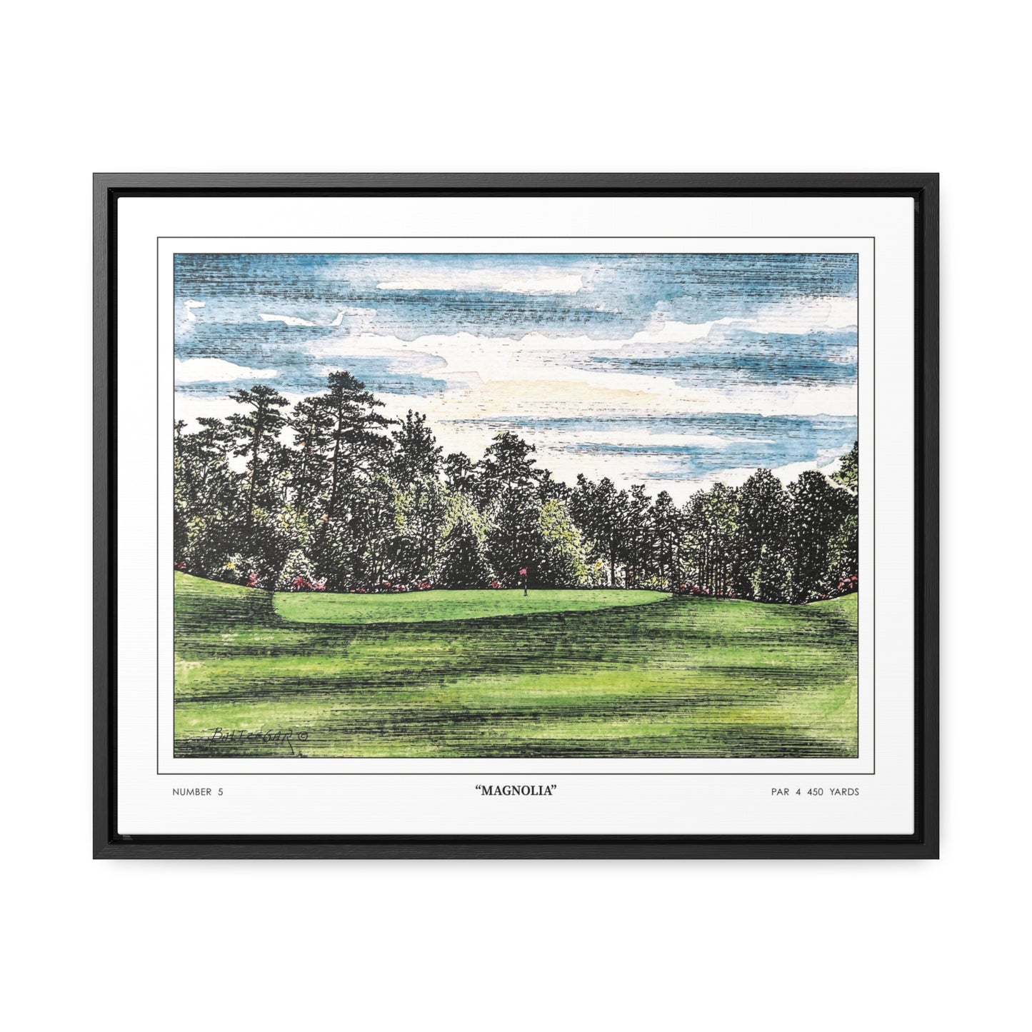 Magnolia Augusta National Hole 5 Watercolor Painting | Original Masters Golf Art for Wall | Framed Horizontal Stretched Canvas Print