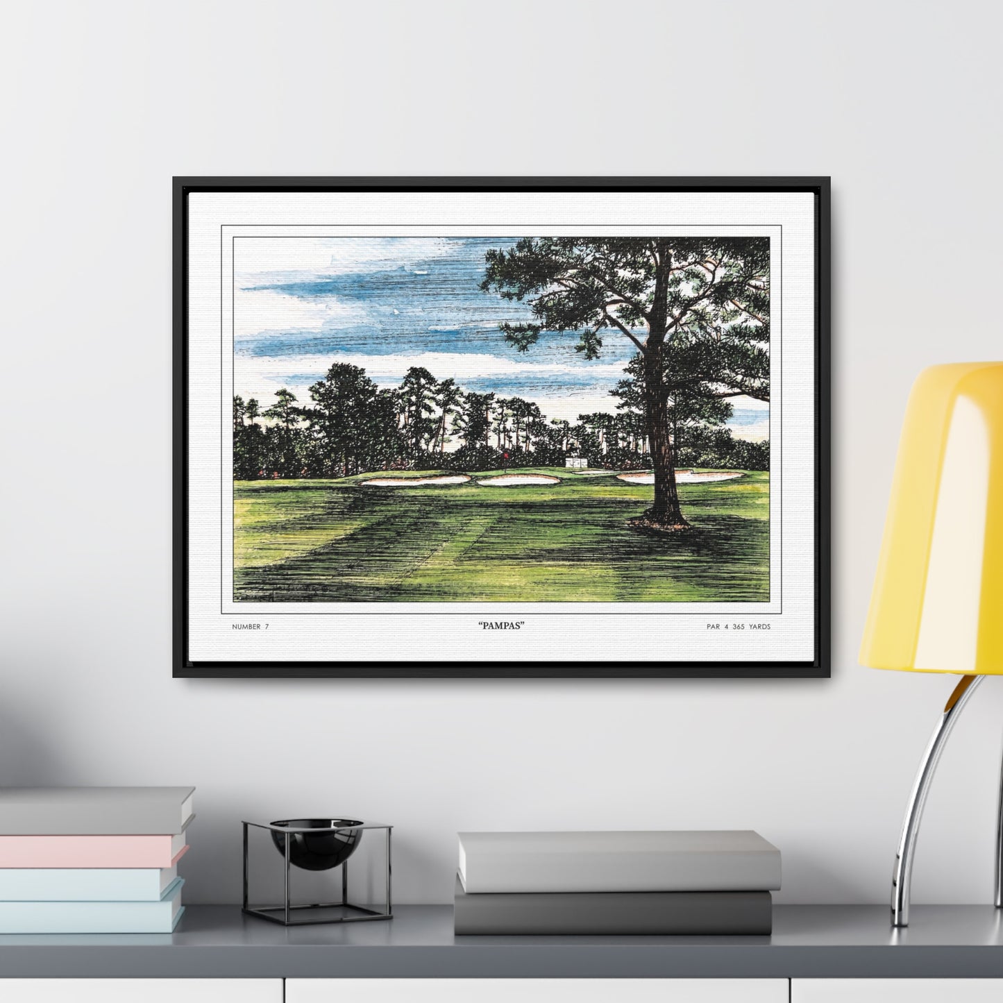 Pampas Augusta National Hole 7 Watercolor Painting | Original Masters Golf Art for Wall | Framed Horizontal Stretched Canvas Print