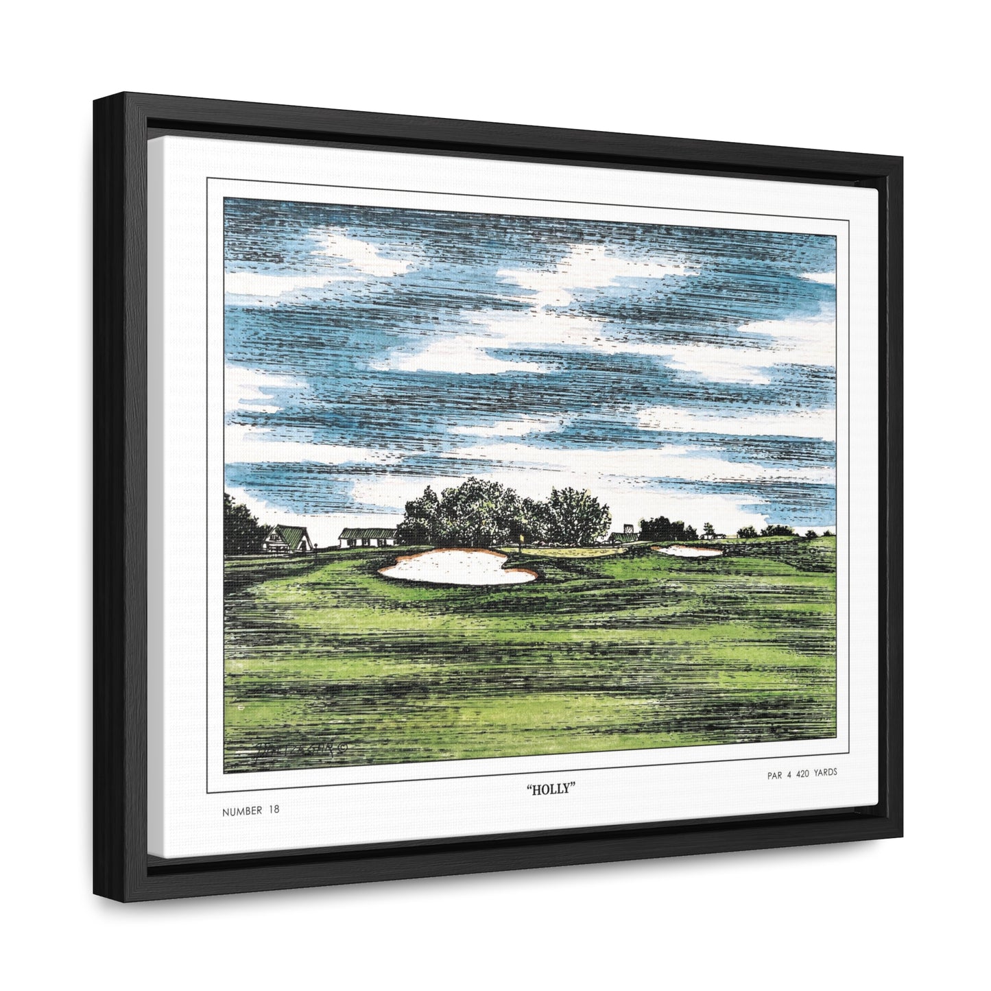 Holly Augusta National Hole 18 Watercolor Painting | Original Masters Golf Art for Wall | Framed Horizontal Stretched Canvas Print