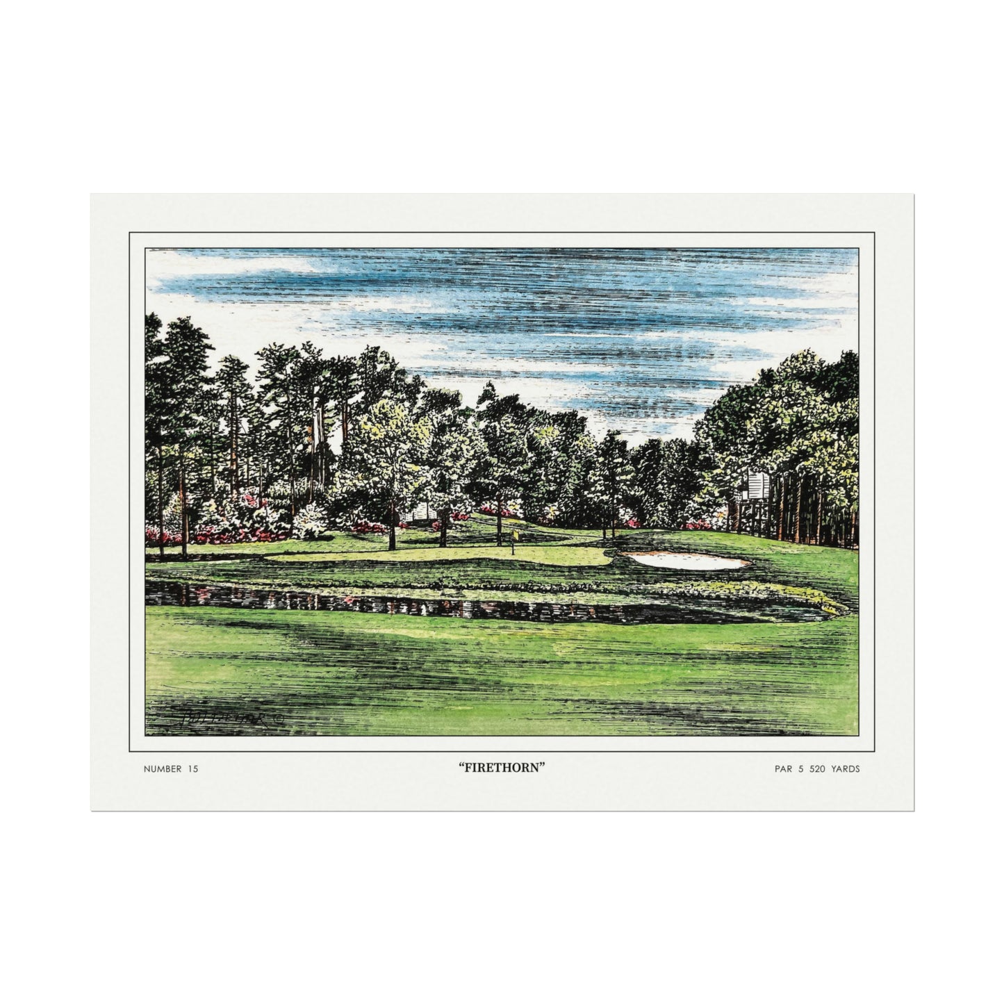 Hole 15 "Firethorn" at Augusta National in 1968 | Vintage Masters Wall Art | Horizontal Decor | Golf Course Poster | Watercolor Print