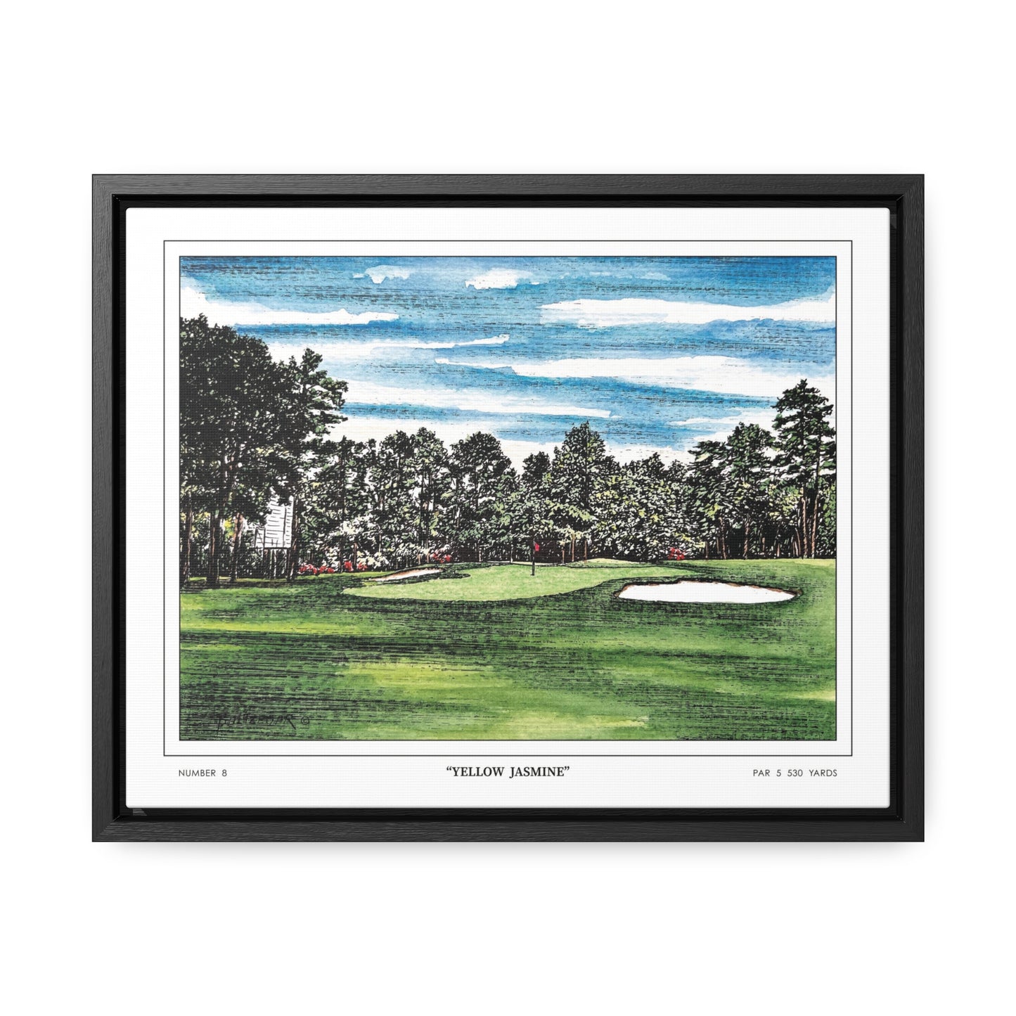 Yellow Jasmine Augusta National Hole 8 Watercolor Painting | Original Masters Golf Art for Wall | Framed Horizontal Stretched Canvas Print