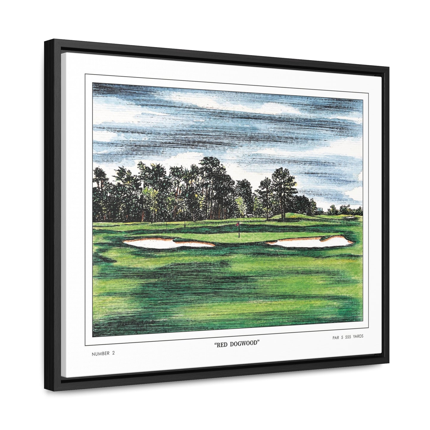 Pink Dogwood Augusta National Hole 2 Watercolor Painting | Original Masters Golf Art for Wall | Framed Horizontal Stretched Canvas Print