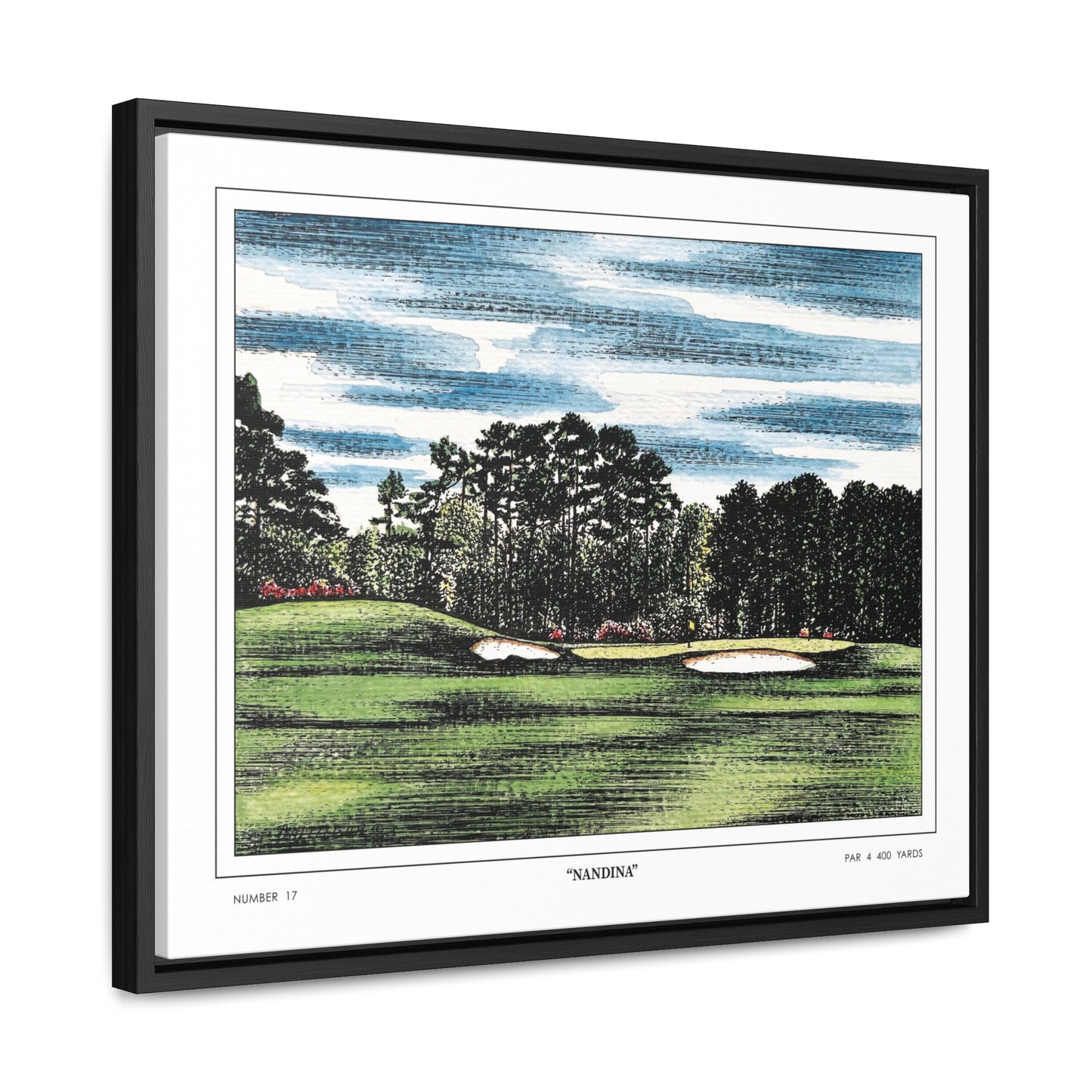 Nandina Augusta National Hole 17 Watercolor Painting | Original Masters Golf Art for Wall | Framed Horizontal Stretched Canvas Print