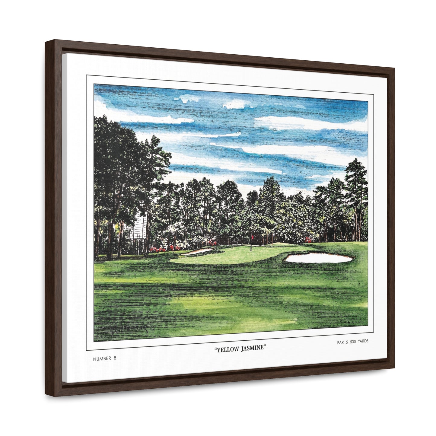 Yellow Jasmine Augusta National Hole 8 Watercolor Painting | Original Masters Golf Art for Wall | Framed Horizontal Stretched Canvas Print