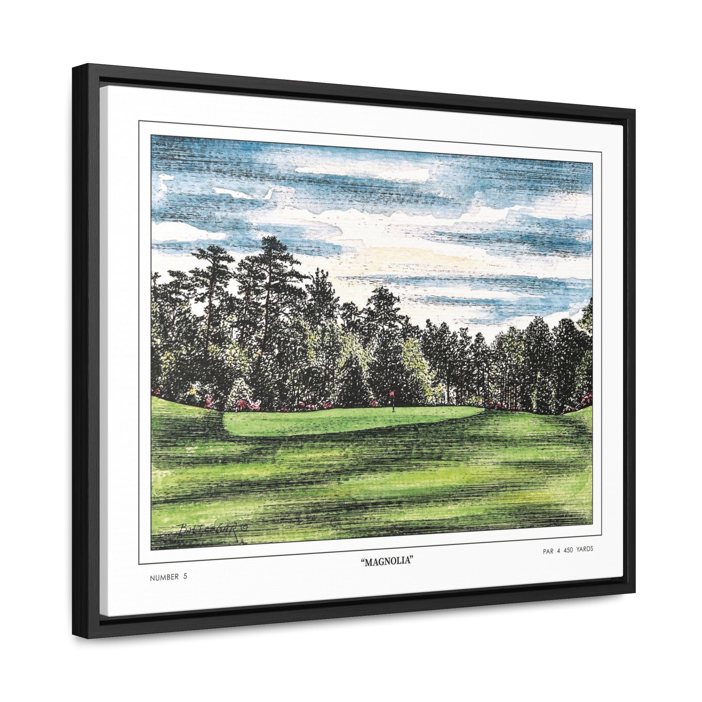 Magnolia Augusta National Hole 5 Watercolor Painting | Original Masters Golf Art for Wall | Framed Horizontal Stretched Canvas Print