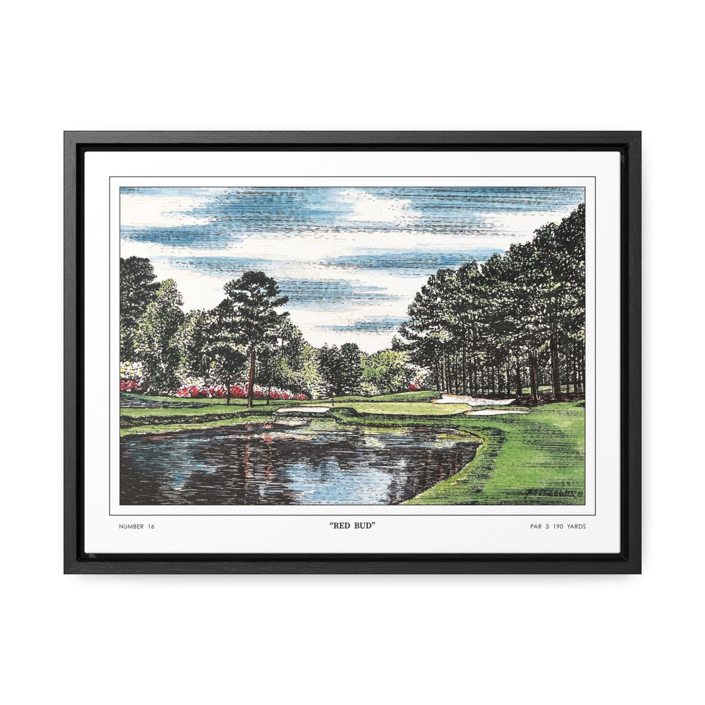 Redbud Augusta National Hole 16 Watercolor Painting | Original Masters Golf Art for Wall | Framed Horizontal Stretched Canvas Print