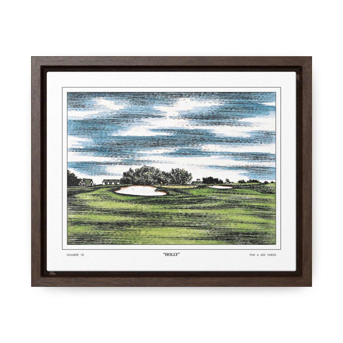 Holly Augusta National Hole 18 Watercolor Painting | Original Masters Golf Art for Wall | Framed Horizontal Stretched Canvas Print