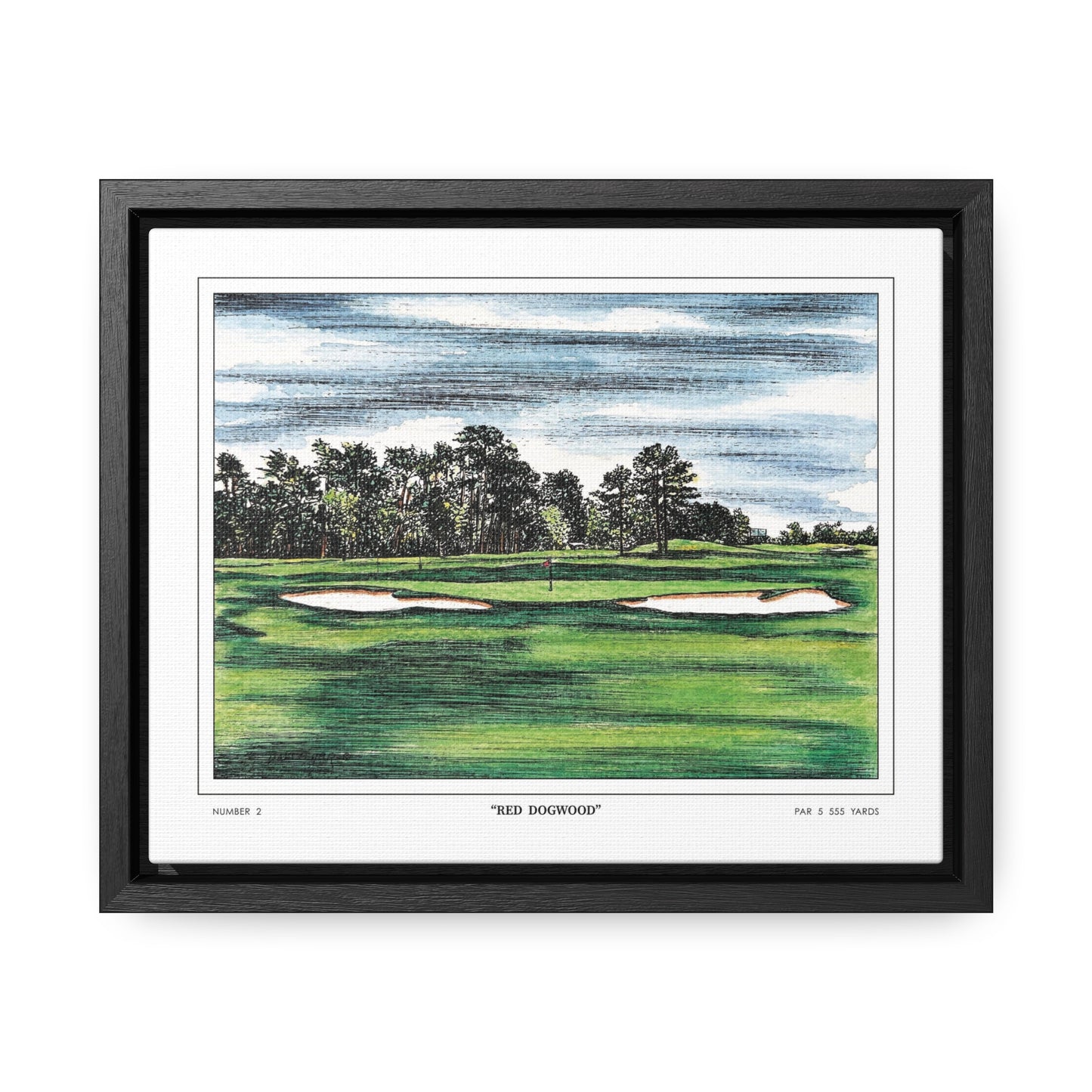 Pink Dogwood Augusta National Hole 2 Watercolor Painting | Original Masters Golf Art for Wall | Framed Horizontal Stretched Canvas Print