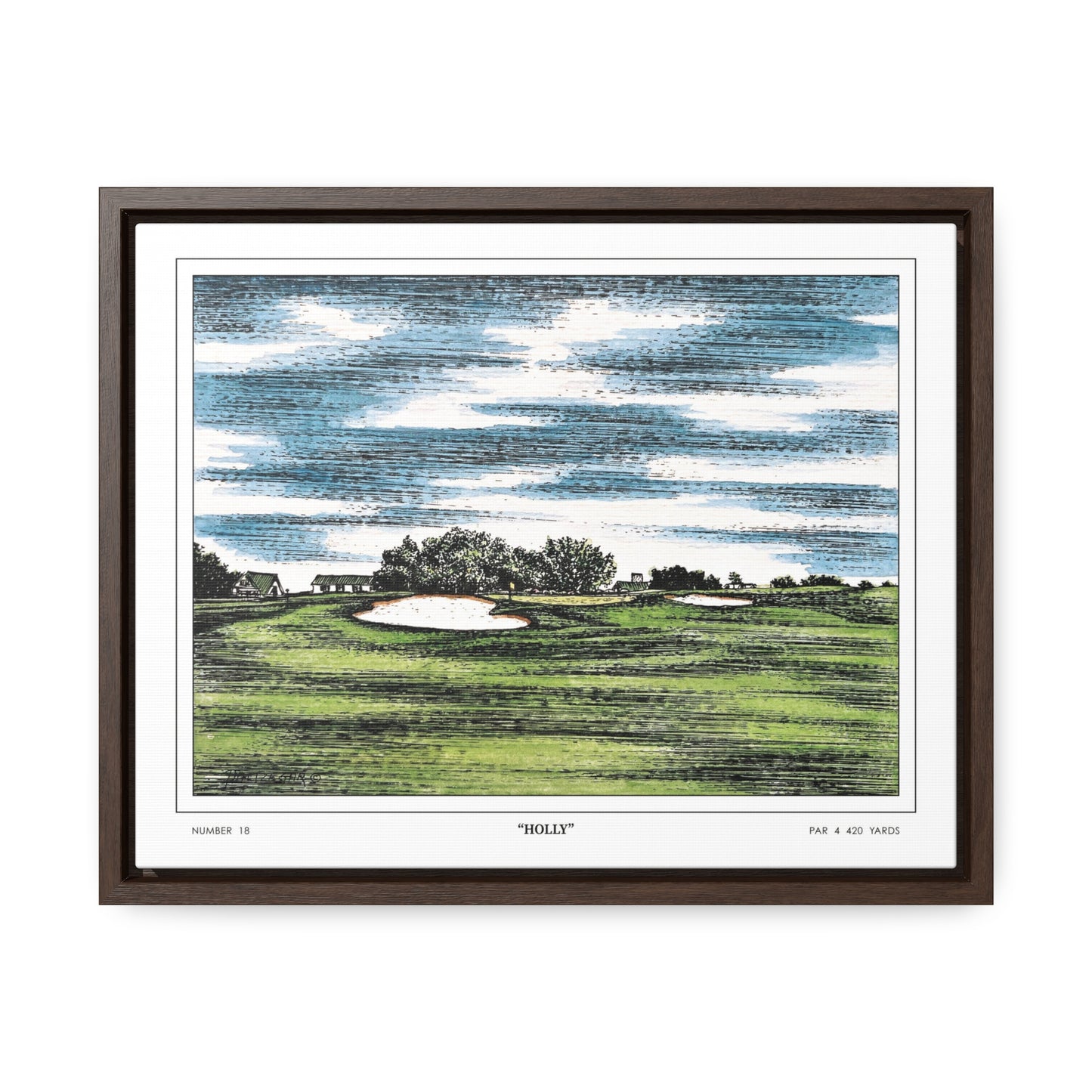 Holly Augusta National Hole 18 Watercolor Painting | Original Masters Golf Art for Wall | Framed Horizontal Stretched Canvas Print