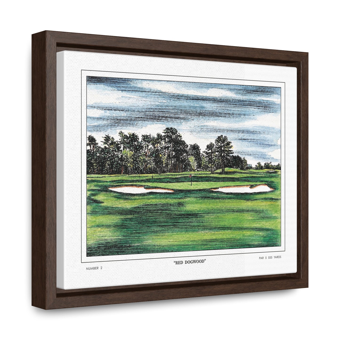 Pink Dogwood Augusta National Hole 2 Watercolor Painting | Original Masters Golf Art for Wall | Framed Horizontal Stretched Canvas Print