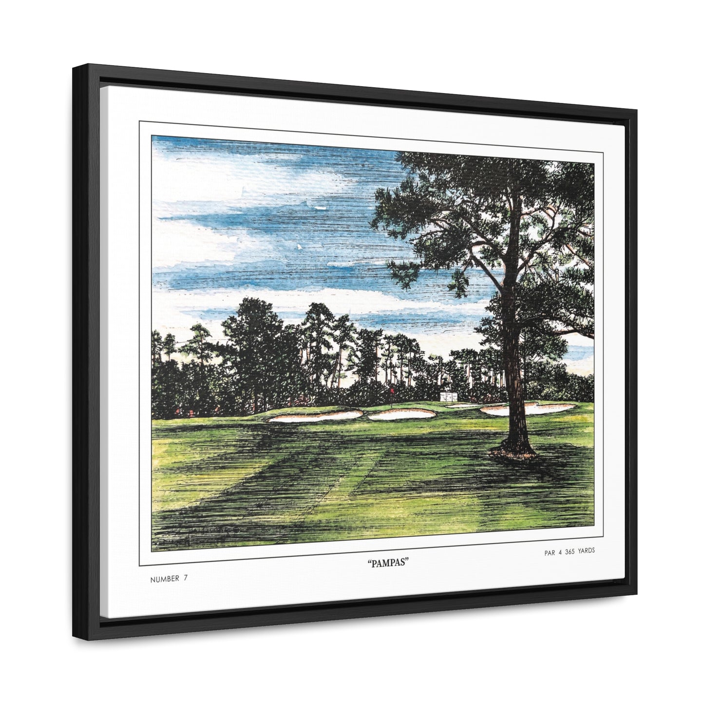 Pampas Augusta National Hole 7 Watercolor Painting | Original Masters Golf Art for Wall | Framed Horizontal Stretched Canvas Print