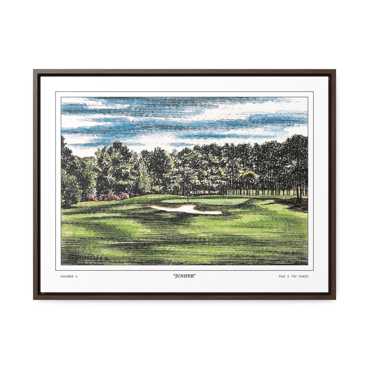 Juniper Augusta National Hole 6 Watercolor Painting | Original Masters Golf Art for Wall | Framed Horizontal Stretched Canvas Print