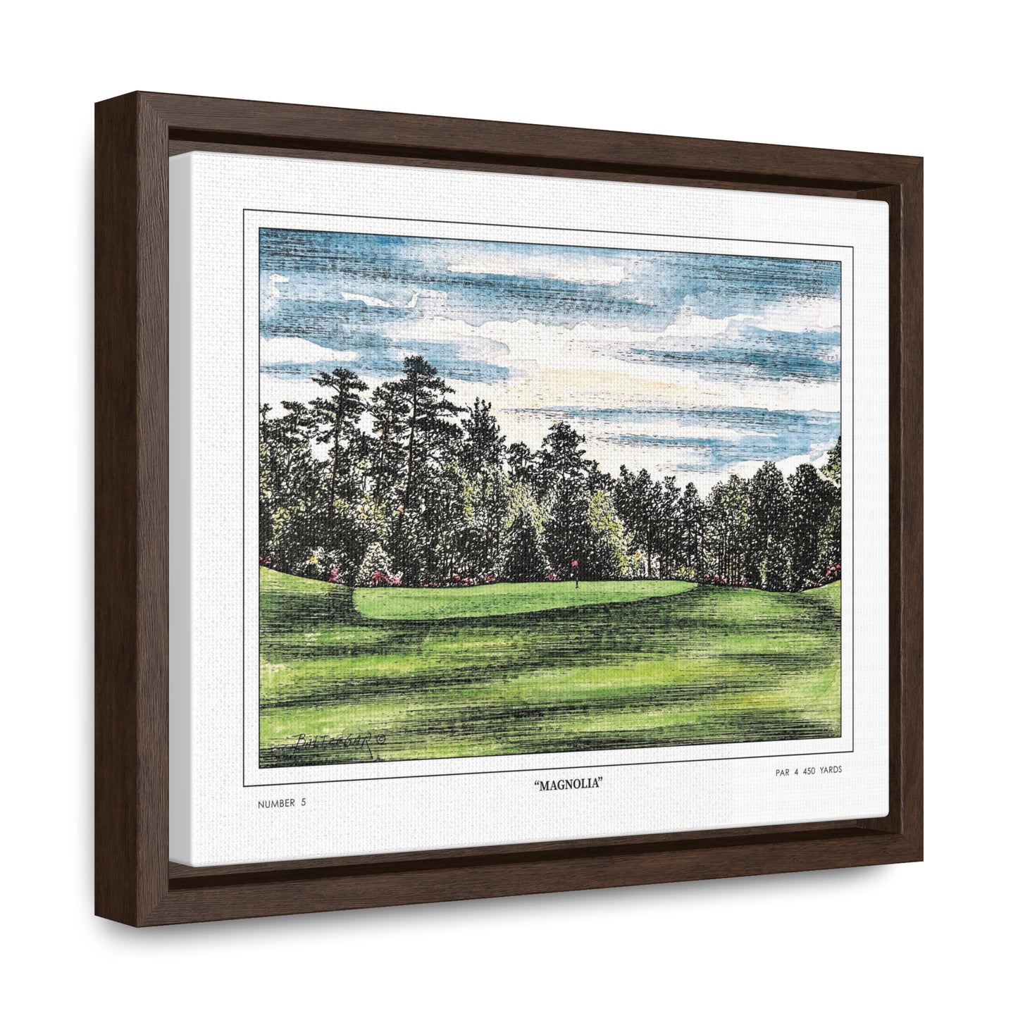 Magnolia Augusta National Hole 5 Watercolor Painting | Original Masters Golf Art for Wall | Framed Horizontal Stretched Canvas Print