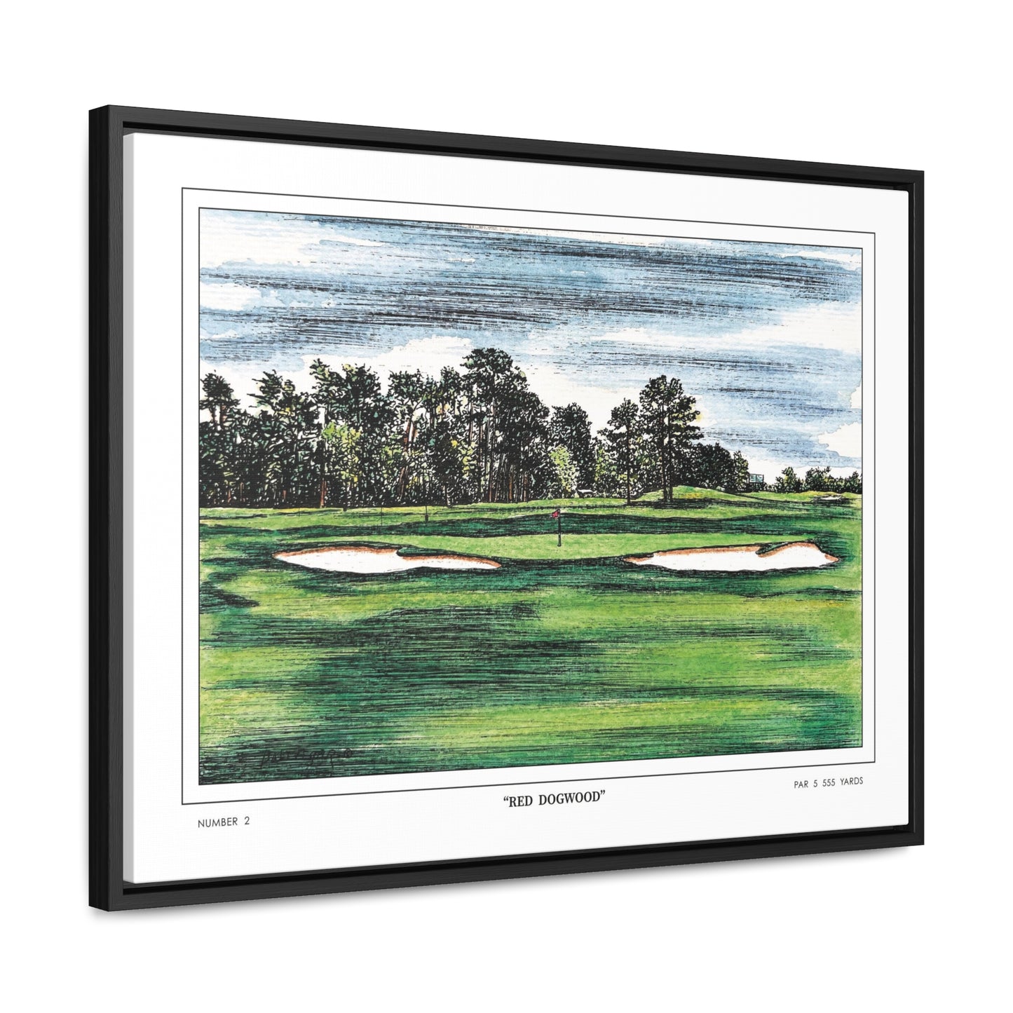 Pink Dogwood Augusta National Hole 2 Watercolor Painting | Original Masters Golf Art for Wall | Framed Horizontal Stretched Canvas Print