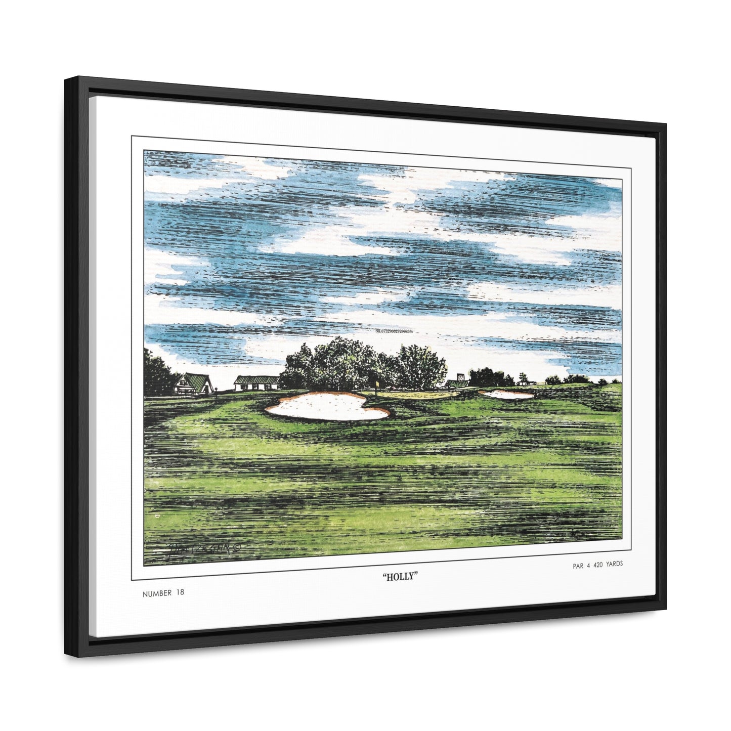 Holly Augusta National Hole 18 Watercolor Painting | Original Masters Golf Art for Wall | Framed Horizontal Stretched Canvas Print