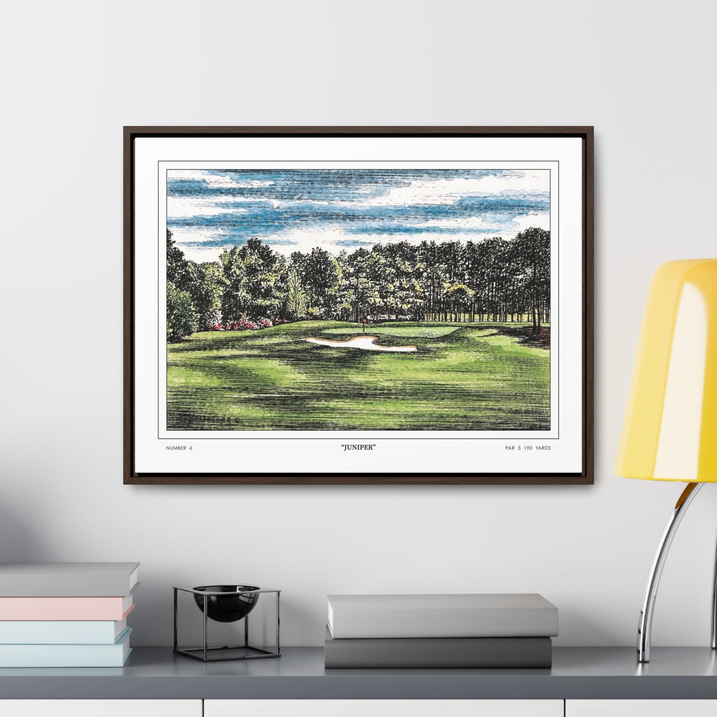 Juniper Augusta National Hole 6 Watercolor Painting | Original Masters Golf Art for Wall | Framed Horizontal Stretched Canvas Print