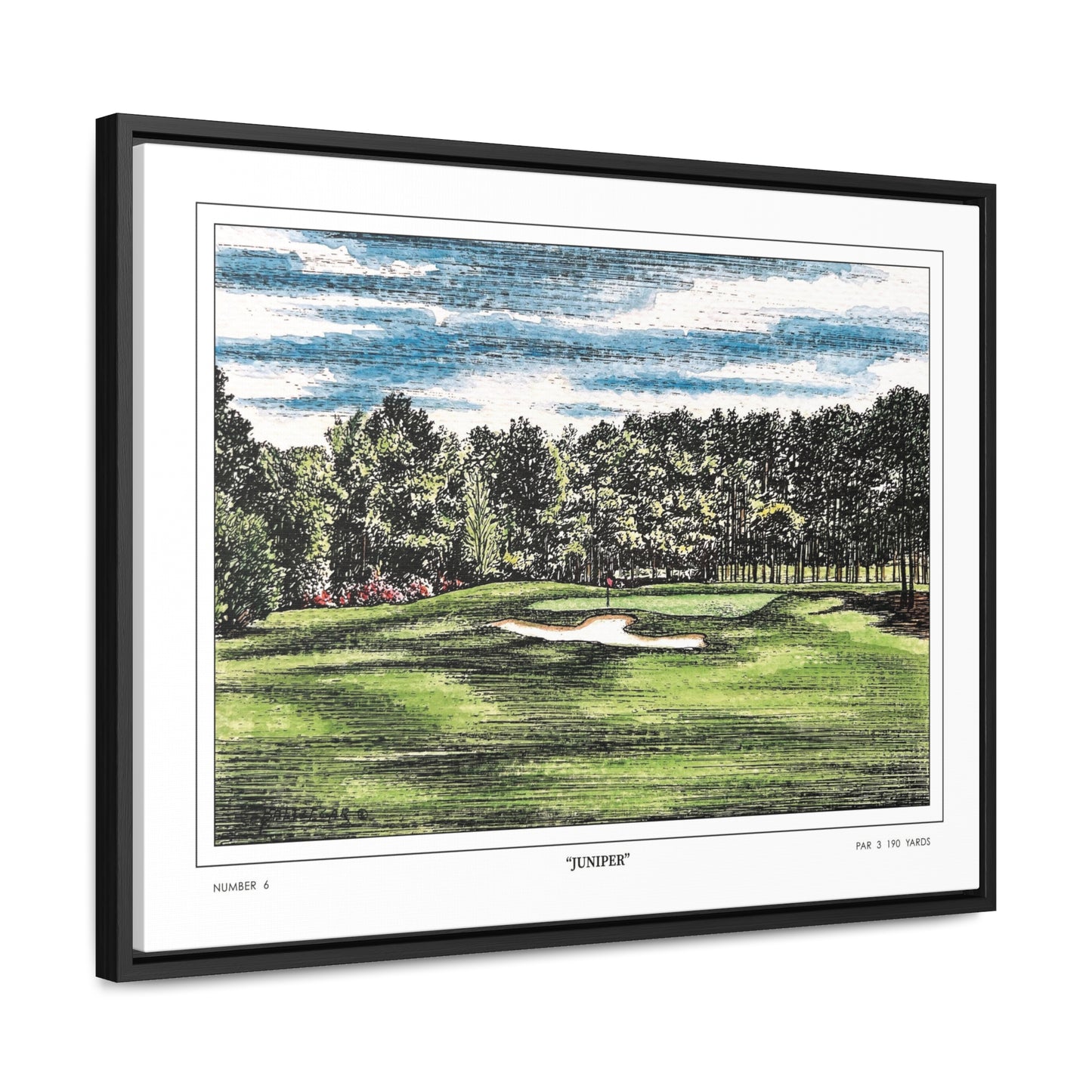 Juniper Augusta National Hole 6 Watercolor Painting | Original Masters Golf Art for Wall | Framed Horizontal Stretched Canvas Print